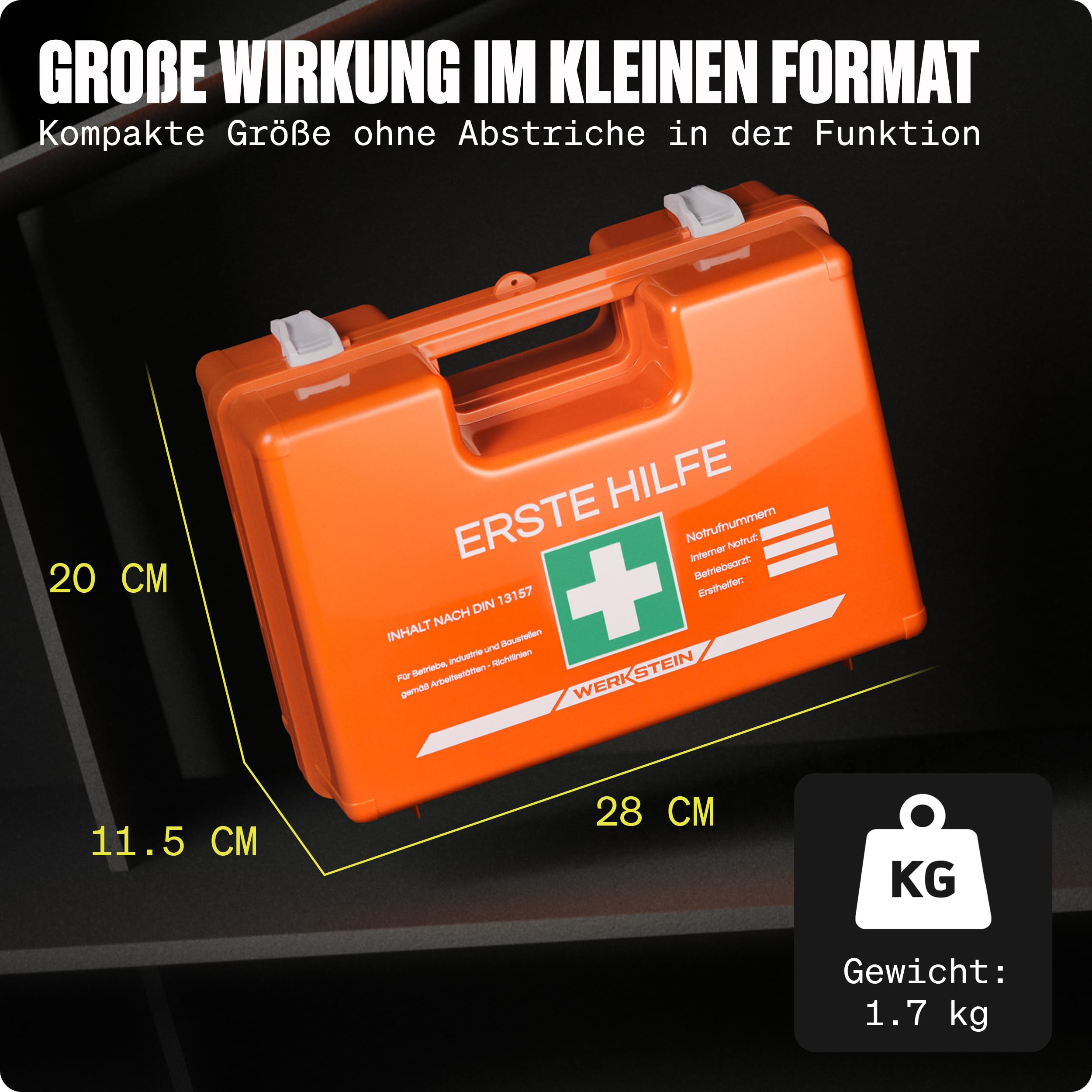 WERKSTEIN® Erste Hilfe Kasten DIN 13157:2021 inkl. Wandhalterung Verbandskasten Betrieb Büro Zuhause Set