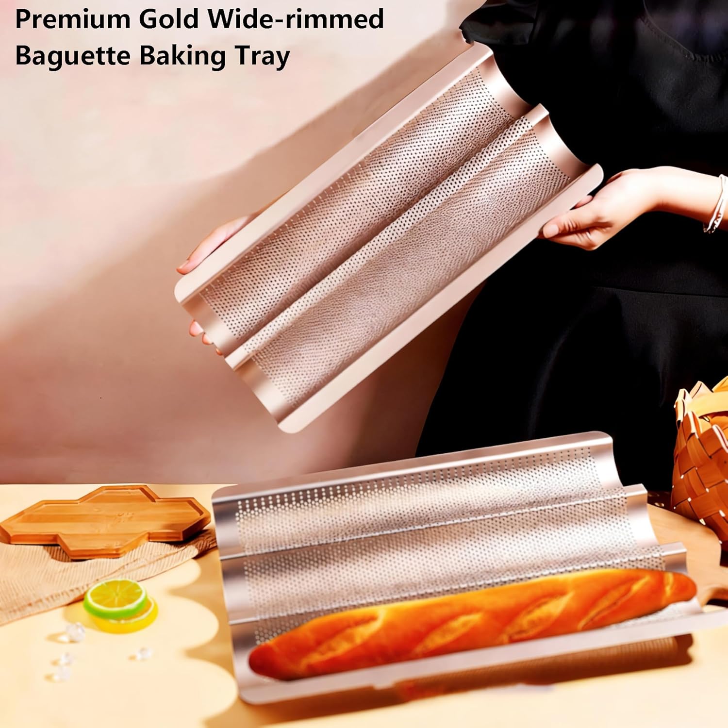 Non-Stick French Baguette Baking Tray Perforated French Bread Baking Pan Carbon Steel (2 Baguettes Set of 2)