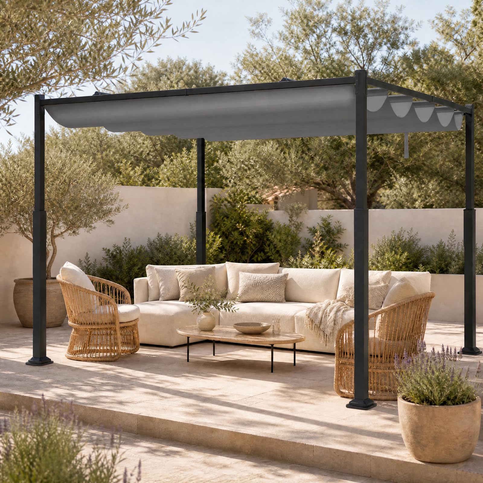 RELAX4LIFE Pergola Jardin Exterieur, Pergola 3x3 M avec Auvent Rétractable, Colonnes Métalliques, Toit en Polyester Hydrofuge, Protection UV, Tonnelle pour Jardin Cour Terrasse (Gris)