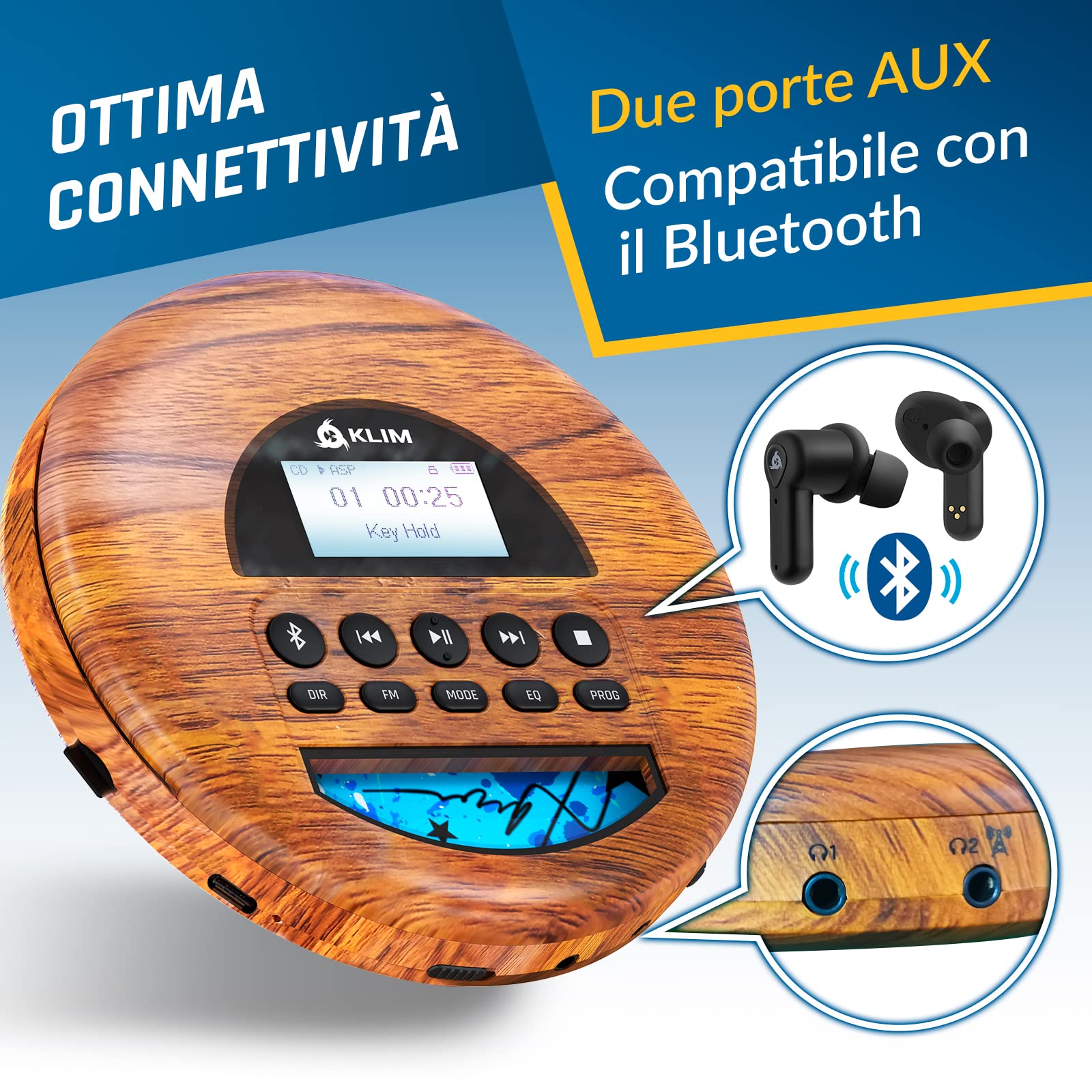 KLIM Nomad Wood - Lettore cd portatile - Batteria a Lunga Durata - Include Auricolari KLIM Fusion - CD-R, CD-RW, MP3 - Lettore SD, Radio FM, Bluetooth - Ideale per Auto - Hi-Fi - Nuovo