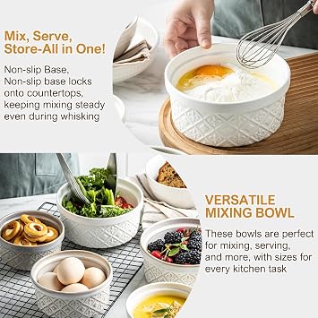 Large Mixing Bowls with Airtight Lids, Classic White Porcelain Embossed Nesting Salad Bowls for Baking and Cooking, 12/16/28/40oz Serving Bowls Set of 4, Oven and Dishwasher Safe, Thanksgiving Gift