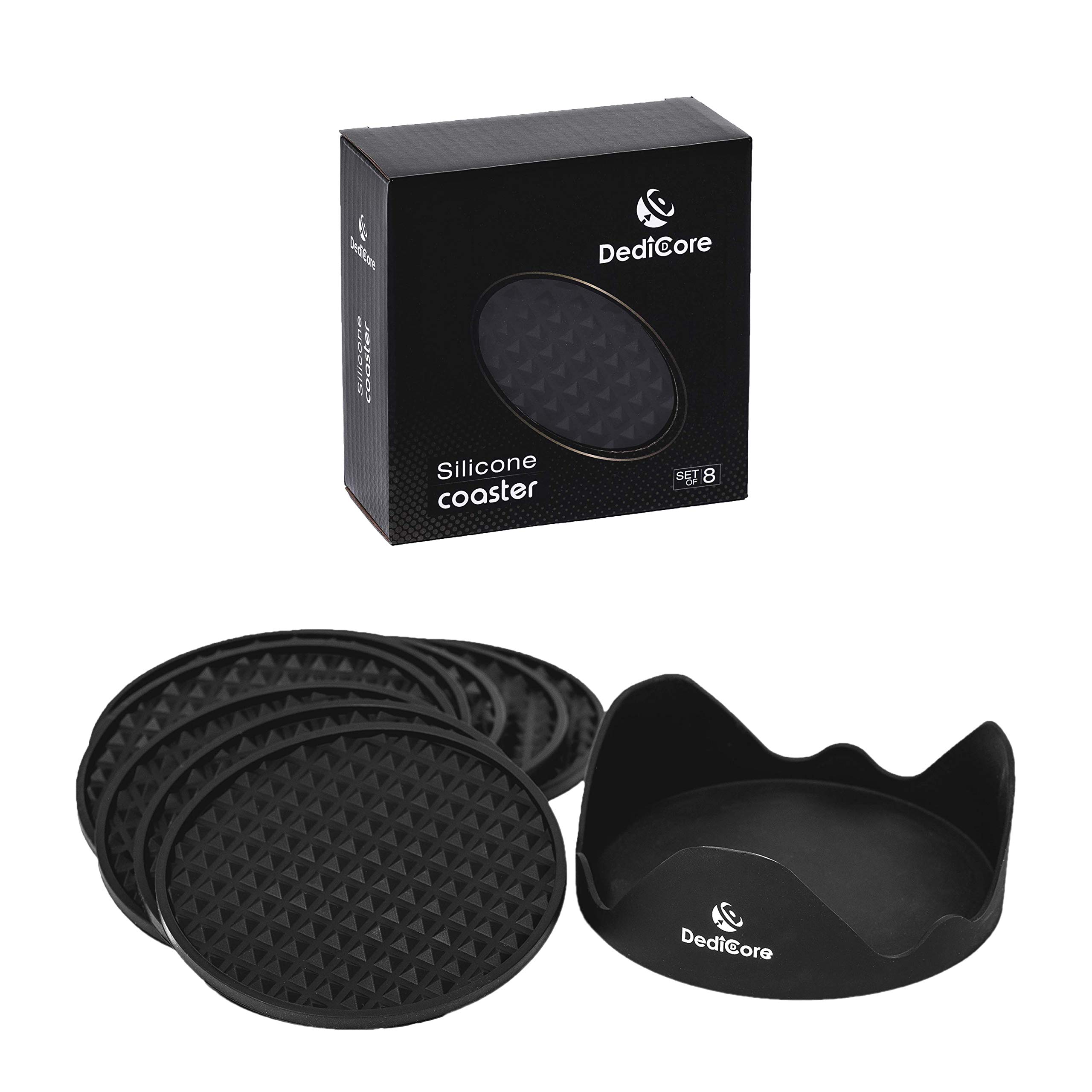 Table Coaster Set of 8 with Holder, Silicone Bar Drink Coasters: Cool Black Modern House and Home Decor Round Glass Cup Holders Warming Mat; Coffee Table Decor and Bar Accessories, Housewarming Gifts!