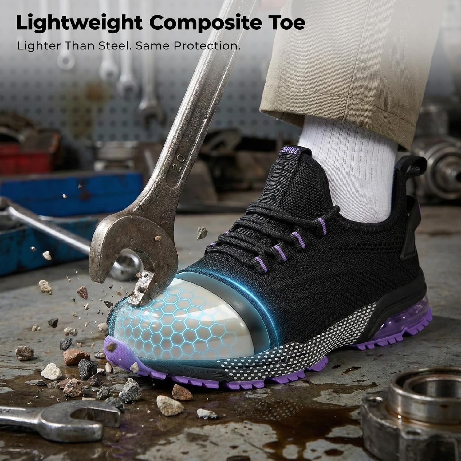 SPIEZ Safety Shoes for Women, Composite Toe Work Shoes with Air Cushioned Comfort, Lightweight Puncture Proof Safety Sneakers for Work and Daily Wear, Black Pink/Purple US4.5–10 - Image 4