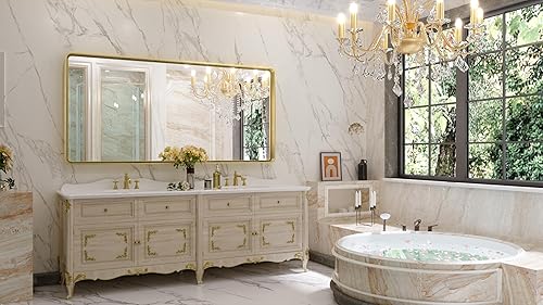 Miniatura 245 de TETOTE Espejo de 60 x 36 pulgadas para baño, espejo de tocador dorado de latón cepillado, espejo de pared grande rectangular con marco de metal Oro