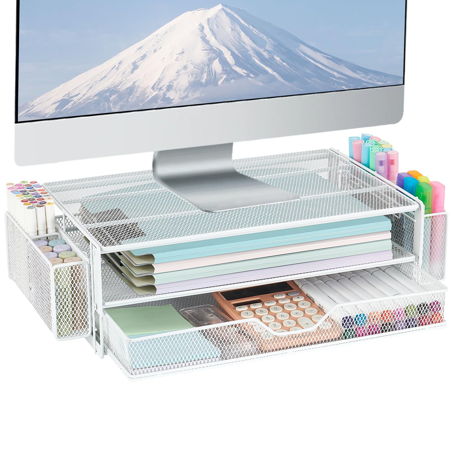 AUPSEN Computer Monitor Stands Riser，2-Tier Desk Organizers and Accessories, Office Desk Accessories Organizer with Drawers and 2 Pen Holder for