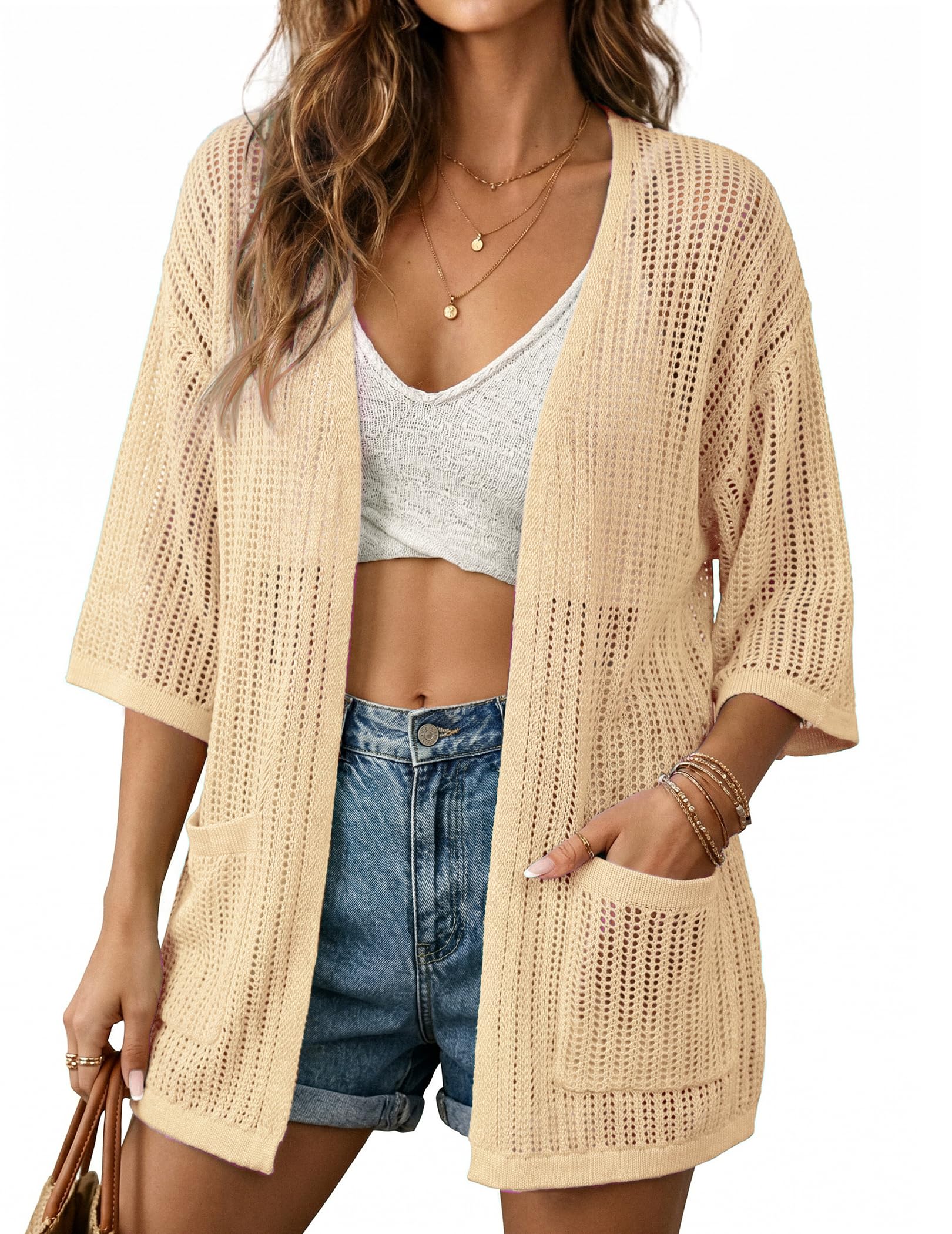 BB&KK Lightweight Summer Crochet Cardigan for Women 3/4 Sleeve Open Front Sheer Knit Boho Kimono Cardigans with Pockets