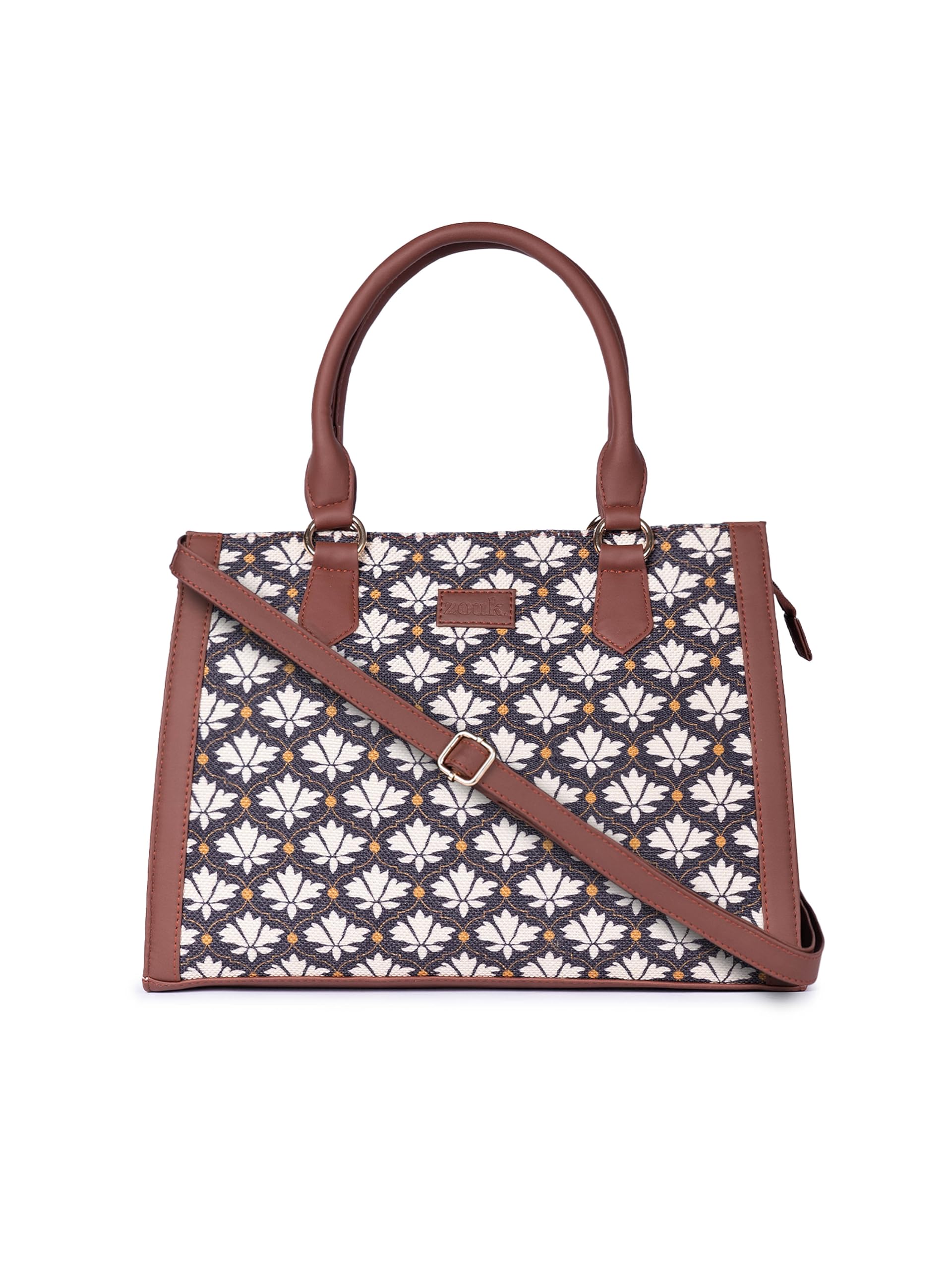 ZOUK Bidri Kaiser Motif Printed Jute Handcrafted Vegan Leather Black & White Womens Satchel Bag | Ladies Purse Handbag | Double Handle Detachable Strap (B0CHP6HCSP) Amazon Price History, Amazon Price Tracker