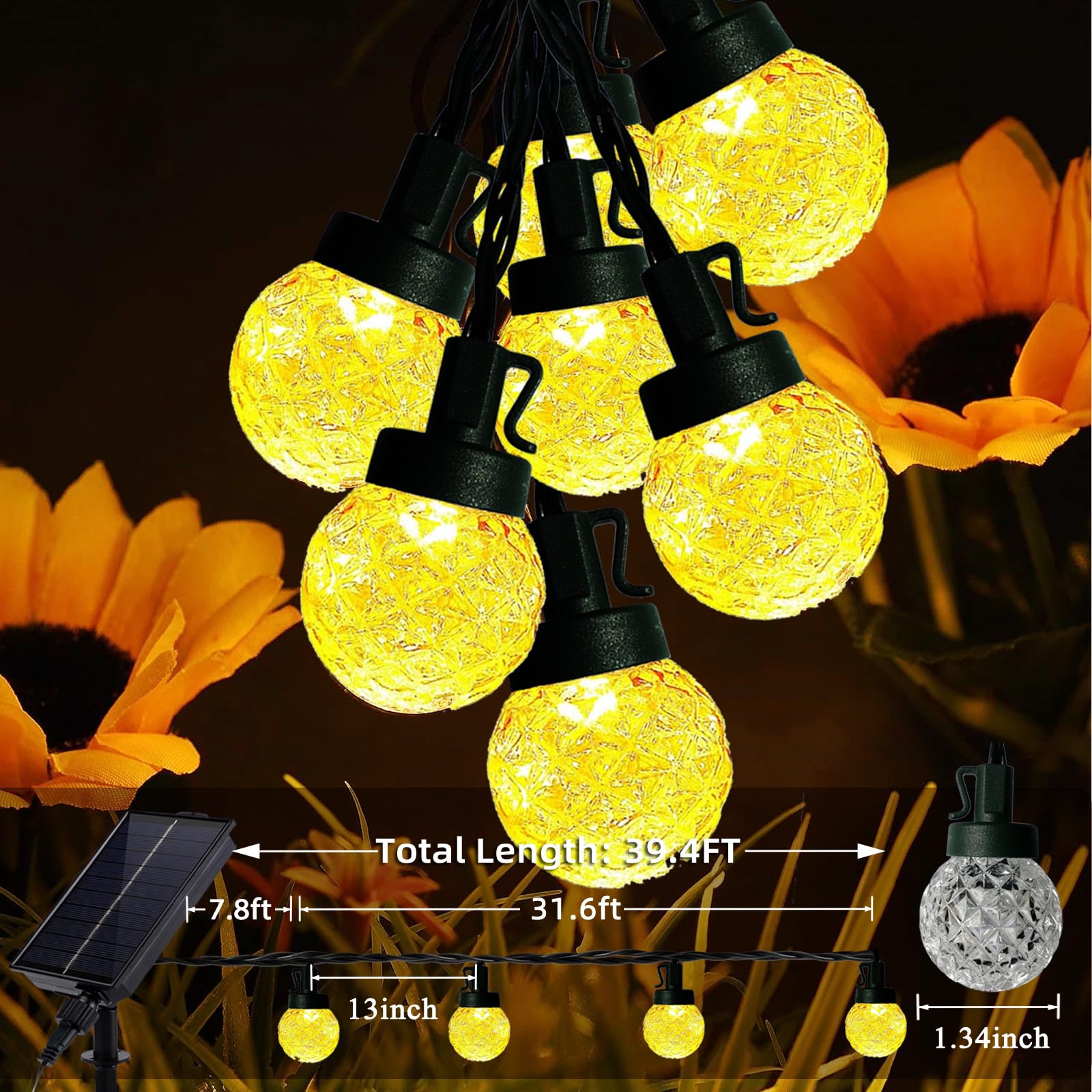 Stringa di luci solari per esterni, 10 m, 8 modalità, globo di cristallo, spina USB, luci natalizie per esterni, recinzioni, patio, cortile, feste, albero, decorazione per interni ed esterni