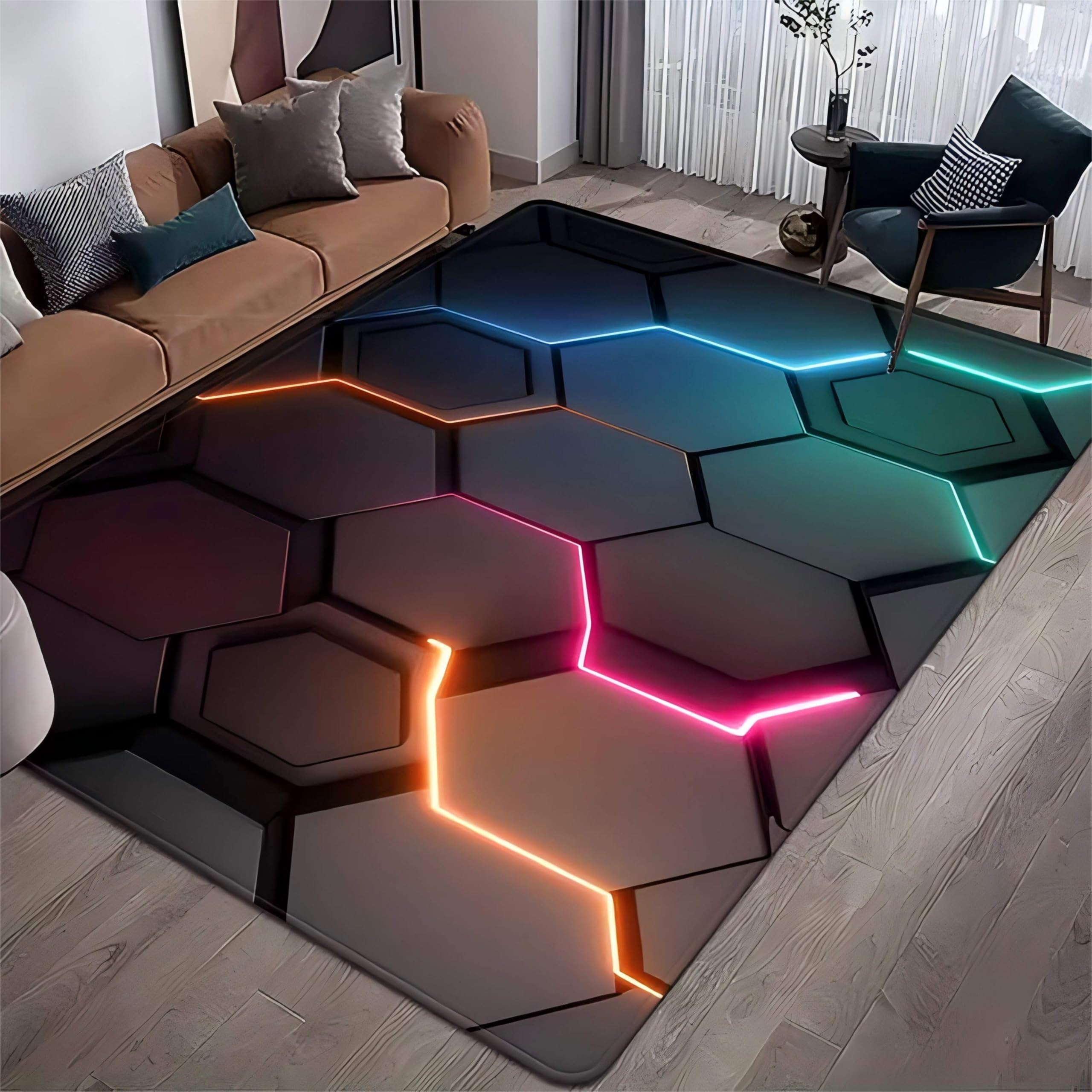 USHIRUG Abstract Geometric Area Rug, 120x180cm Playroom Rugs for Boys' Rooms, Black Hexagonal Optical Illusion Print Rugs for Living Rooms, Bedrooms, Dining Rooms, Non-Slip and Washable Carpet