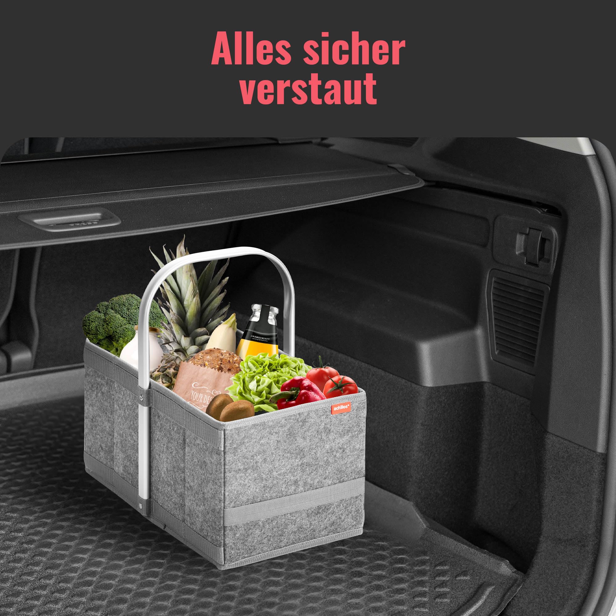 achilles Składany kosz na zakupy z filcu – składany kosz do noszenia z aluminiowym uchwytem – lekki i wytrzymały – kompaktowa torba na zakupy – 40 x 24 x 20 cm – szary