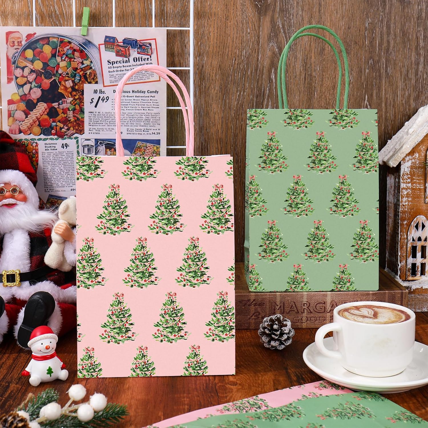 JarThenaAMCS 24Pcs Christmas Paper Gift Bags with Handles Pink Green Xmas Tree Party Favor Bags Candy Goodie Treat Bag for Holiday Birthday Party Supplies - Image 4