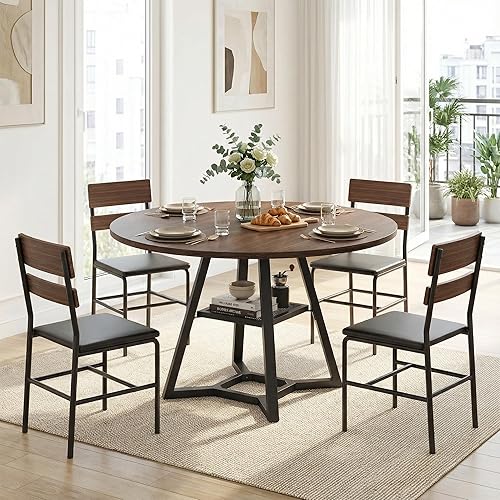 Miniatura 5 de Mesa de comedor redonda para 4-6 personas con estante de almacenamiento, mesa de pedestal circular de cocina y comedor, marco de metal resistente