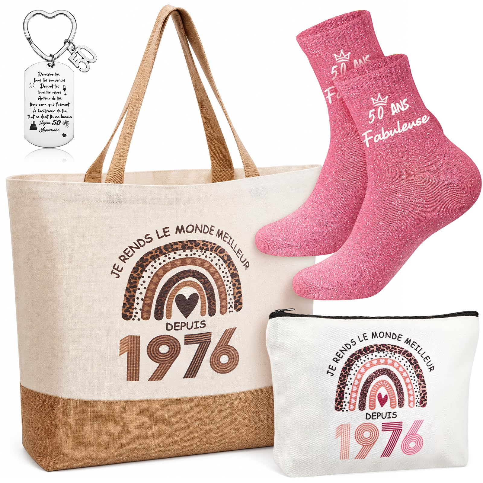 Jadive Coffret Cadeau Anniversaire Femme 50 Ans avec Trousse à Maquillage, Sac Cabas, Chaussettes et Porte-Clés 1976 – Idée Cadeau Originale pour Femme Née en 1976