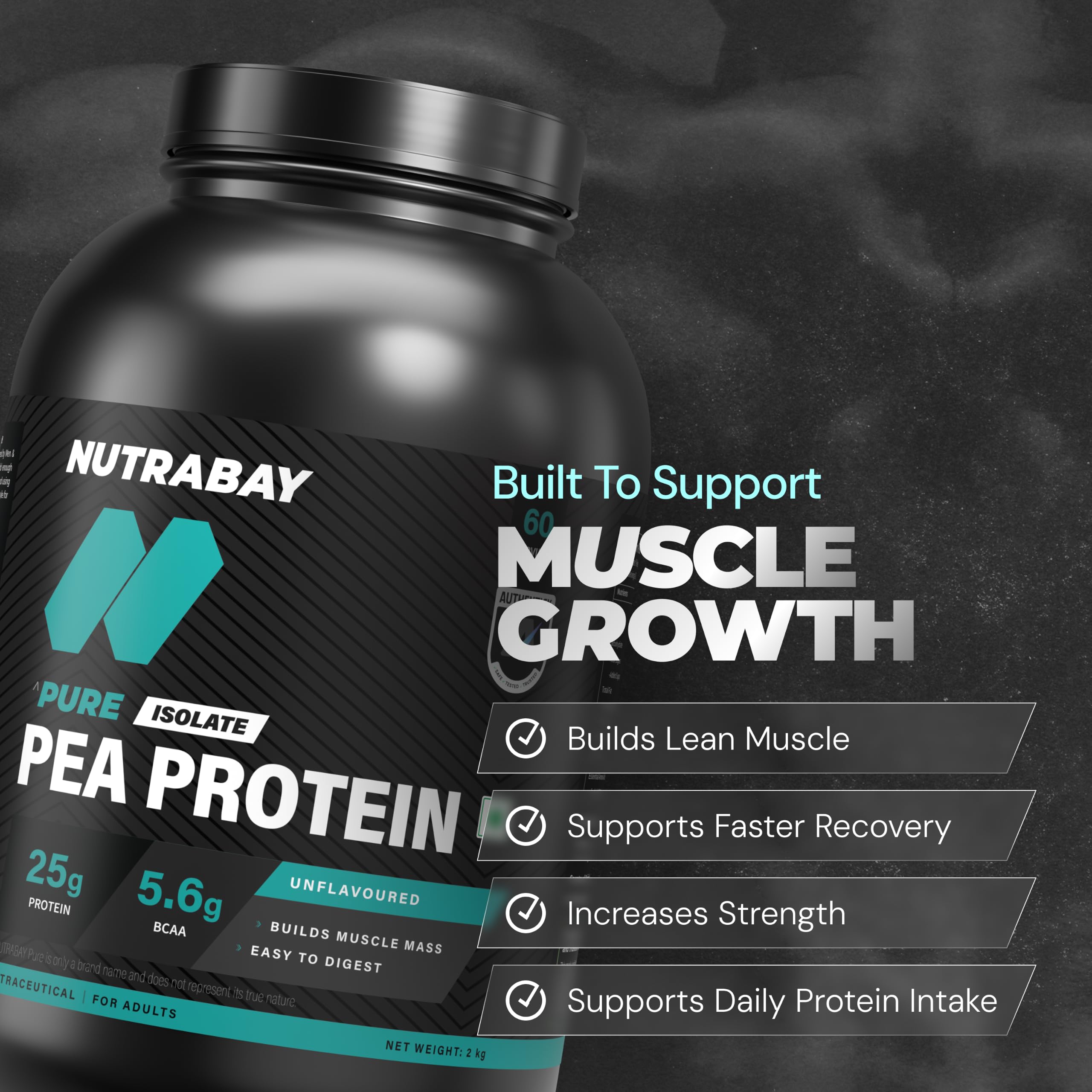 Nutrabay Pure Pea Protein Isolate | 25.69g Protein, 5.6g BCAA| 1 Ingredient | Easy to Digest Plant Protein for Muscle Growth & Recovery | No Sugar - 2 Kg Unflavoured, 60 Servings — Amazon image 4