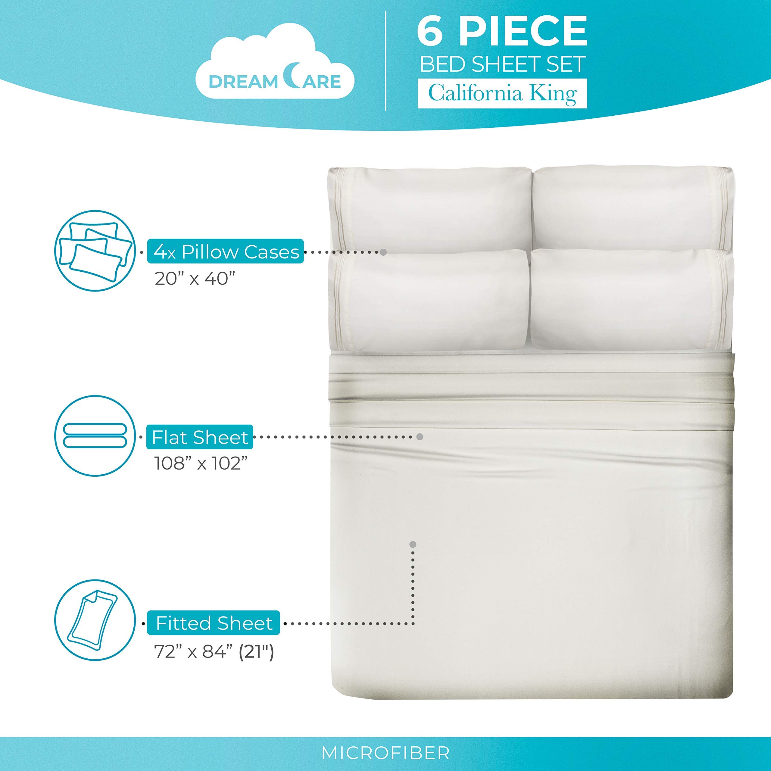 DREAMCARE Set di lenzuola per letto California King, 6 pezzi, traspiranti e