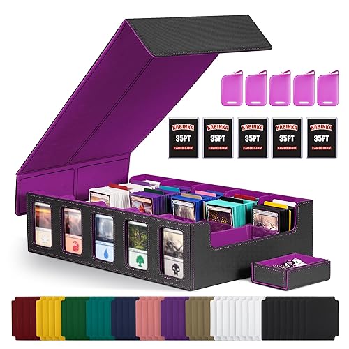 Trading Card Storage Box with Commander Display , 5-Row Deck Case with Removable Lid; 3900+ Card Deck Box for MTG TCG Sports Card, 5 Toploaders, 5 Stoppers, 48 Dividers,1 Dice Tray (Black Purple) - A1-Black& Purple - 3900+