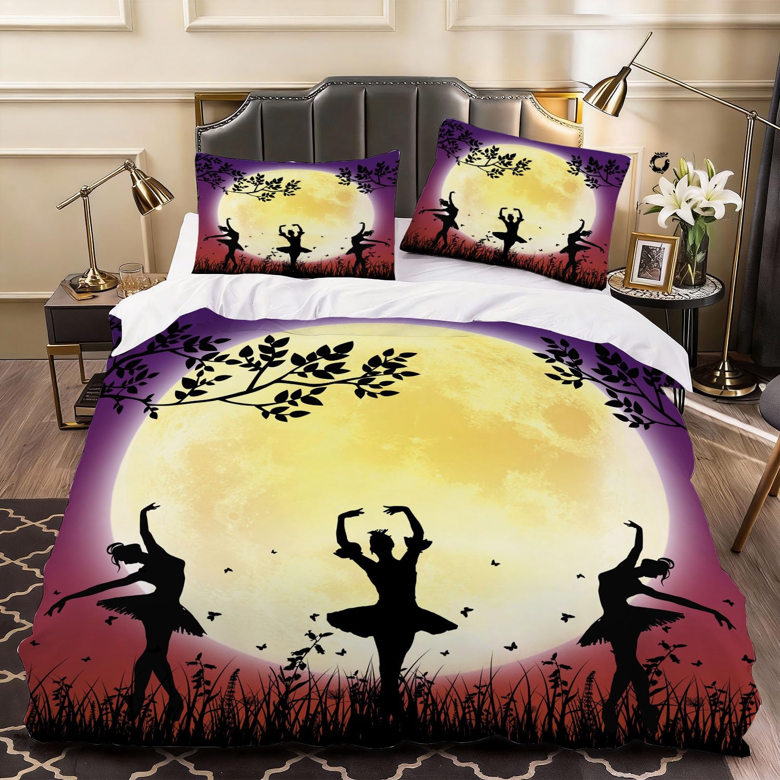 3D Ballet Girl Duvet Cover Children Moon Bedding Super King Bed Set, Soft Microfiber Comforter Cover Printed with Zipper Closure Quilt Coverr 260x220 cm and 2 Pillowcases