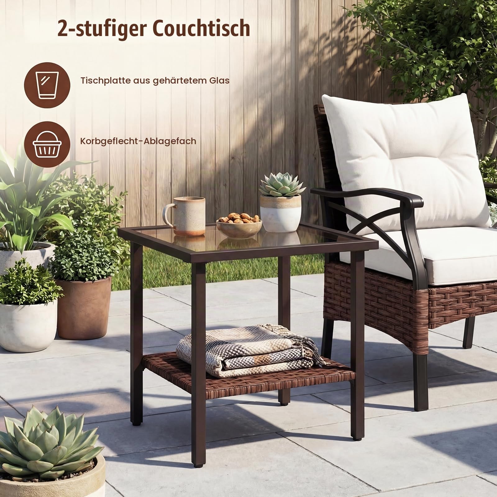 GIANTEX 5-teiliges Rattan Gartenmöbel Set, Balkonmöbel Kleiner 2-4 Personen, Lounge Möbel Outdoor mit Tisch, 2 Sessel, 2 Hocker, inkl. Rückenkissen & Sitzkissen, Terrassenmöbel