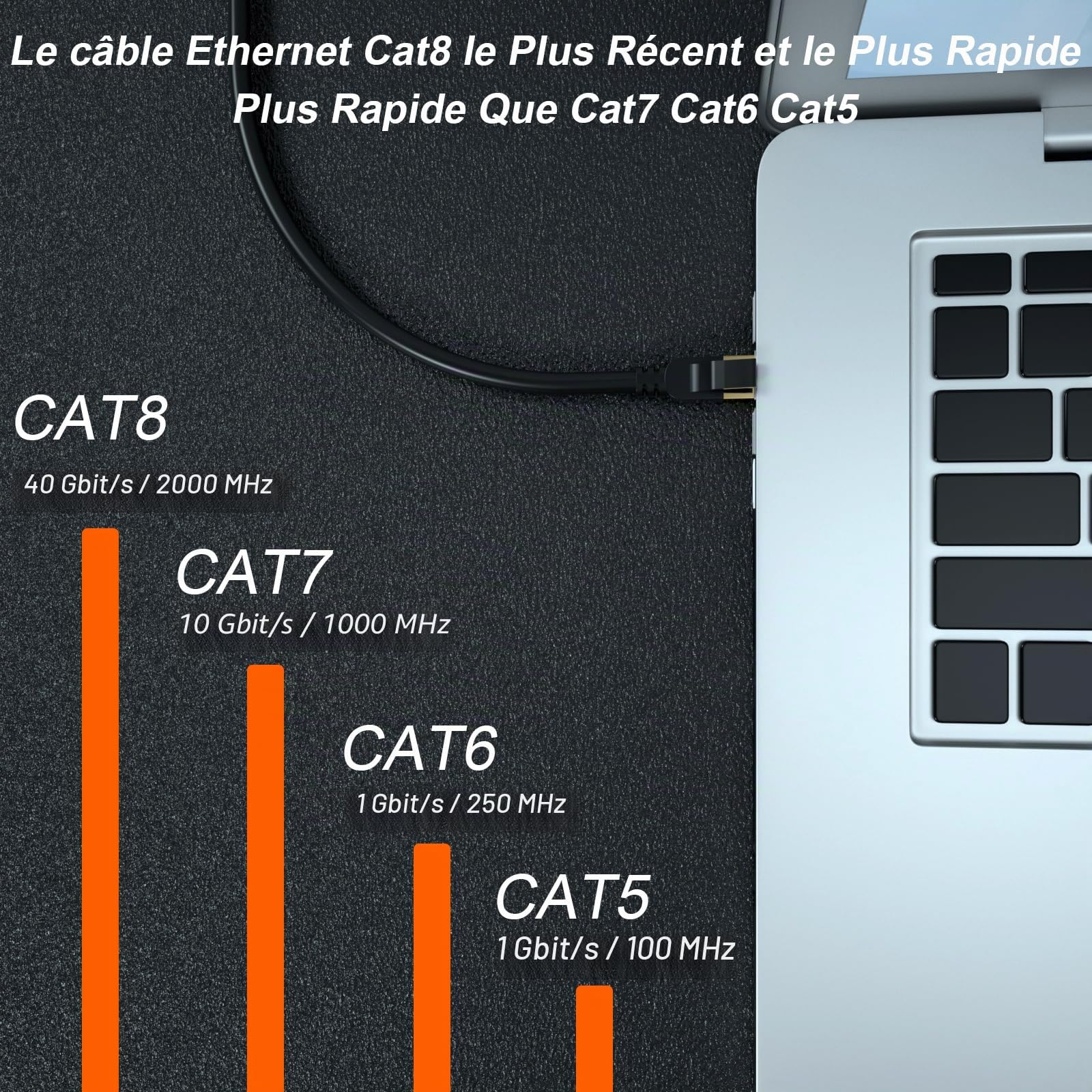 Câble Ethernet 50m Cat 8, 40 Gbit/s, 2000 MHz avec câble rj45 plaqué or, Extérieur Imperméable Cable LAN Cable Internet pour Routeur Switch Modem PS5/4
