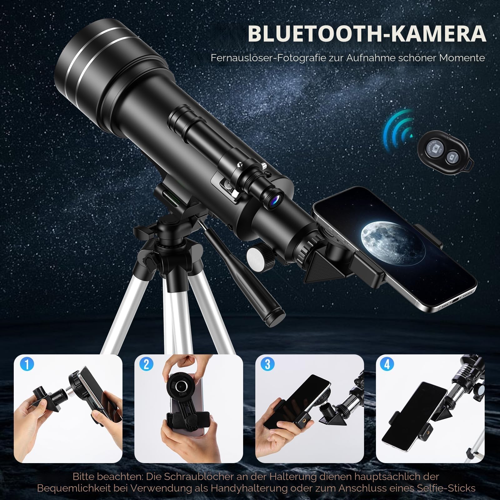 Teleskop, Astronomie Teleskop für Kinder Erwachsene, 70mm Aperture 400mm Linsenteleskop Tragbares Reiseteleskop für Anfänger mit Stativ Telefon Adapter Rucksack Bluetooth Kamera-Fernbedienung