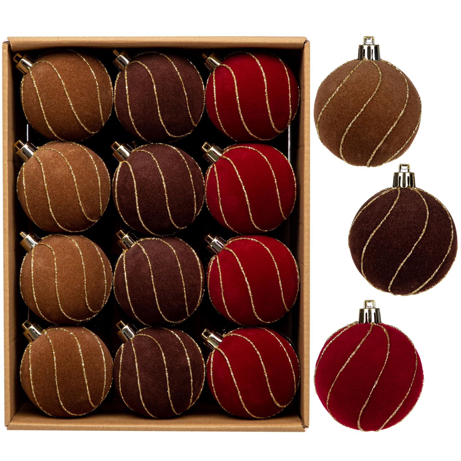 Briful 24 bolas de Navidad de terciopelo, adornos colgantes inastillables de 6 cm, decoración de árbol de Navidad, pequeñas bolas de Navidad multicolor forradas en oro con acabado de terciopelo para