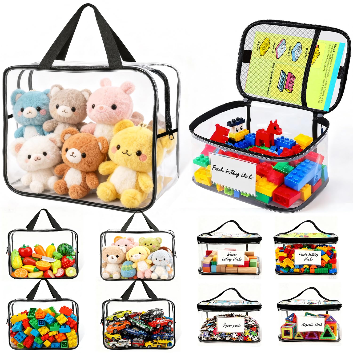 Paquete de 8 organizadores de juguetes de PVC transparente y bolsas de almacenamiento con cremallera, organizador impermeable para bloques de construcción, rompecabezas, juegos de mesa y juguetes