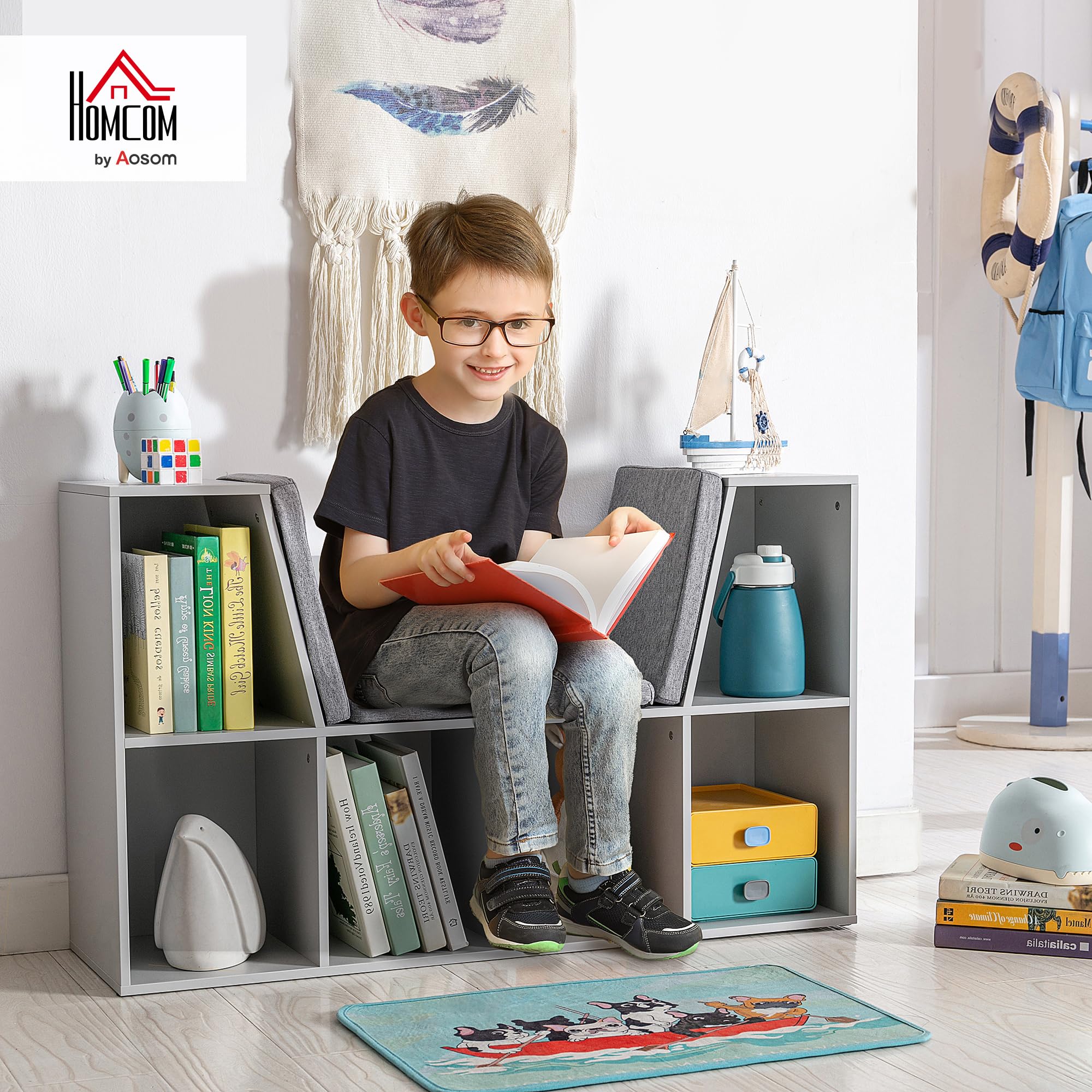HOMCOM Bibliothèque Enfant avec Banc 6 étagères 103x30x62cm Gris