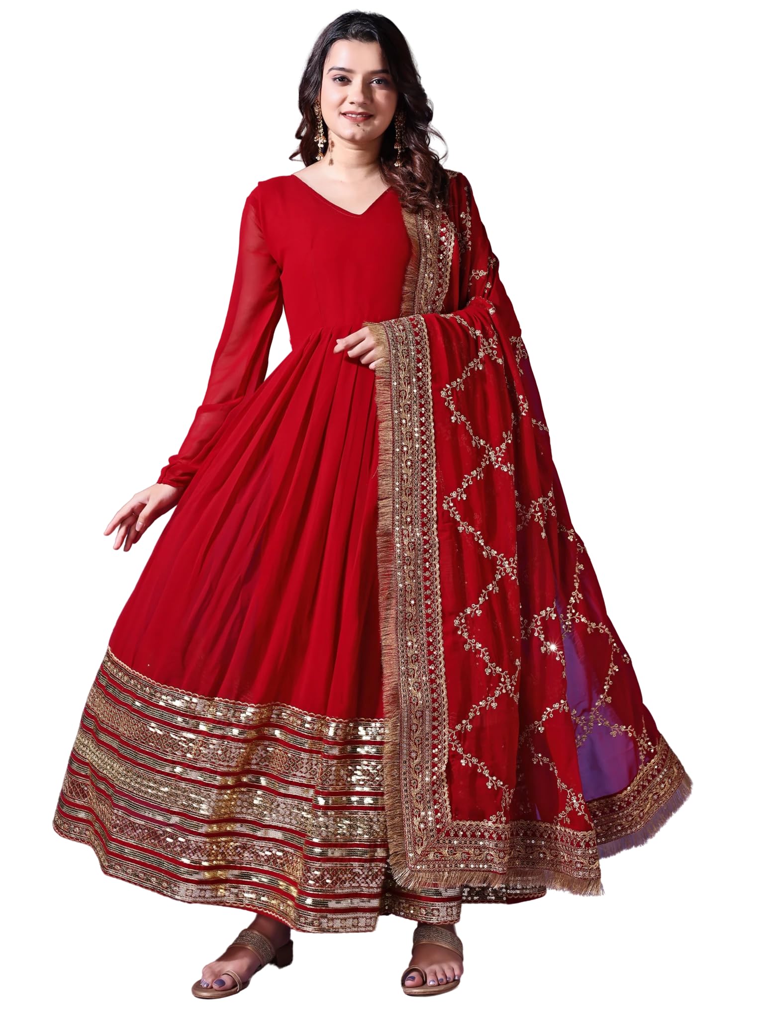 fashion basket Women's Red Georgette Solid Anarkali Dress-picture-0
