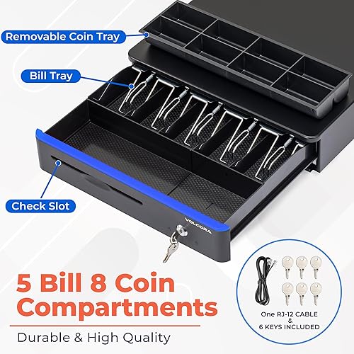 Miniatura 3 de Volcora Cajón de caja registradora para punto de venta sistema POS con esquinas redondas de 16 pulgadas, bandeja extraíble para monedas, 5 billetes