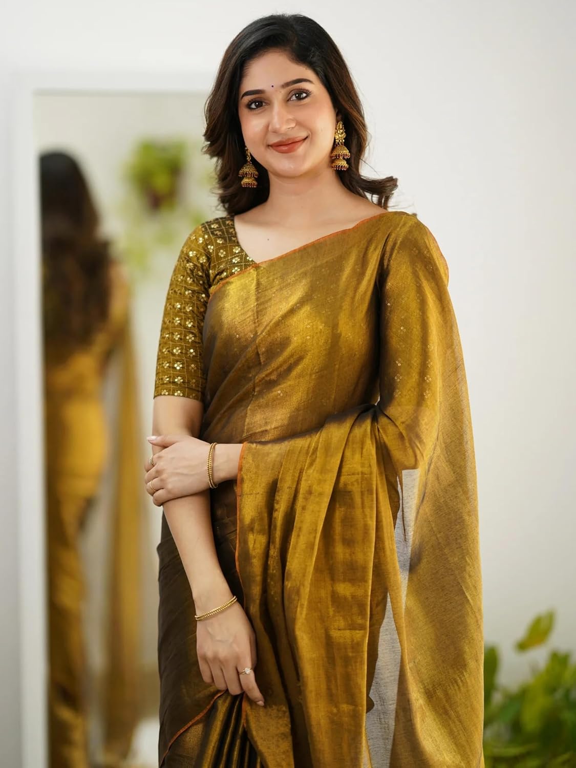 TRENDMALLS Women's Pure Tissue Cotton Handloom Saree with Dhupion Silk Embroidery Unstitched Blouse Piece