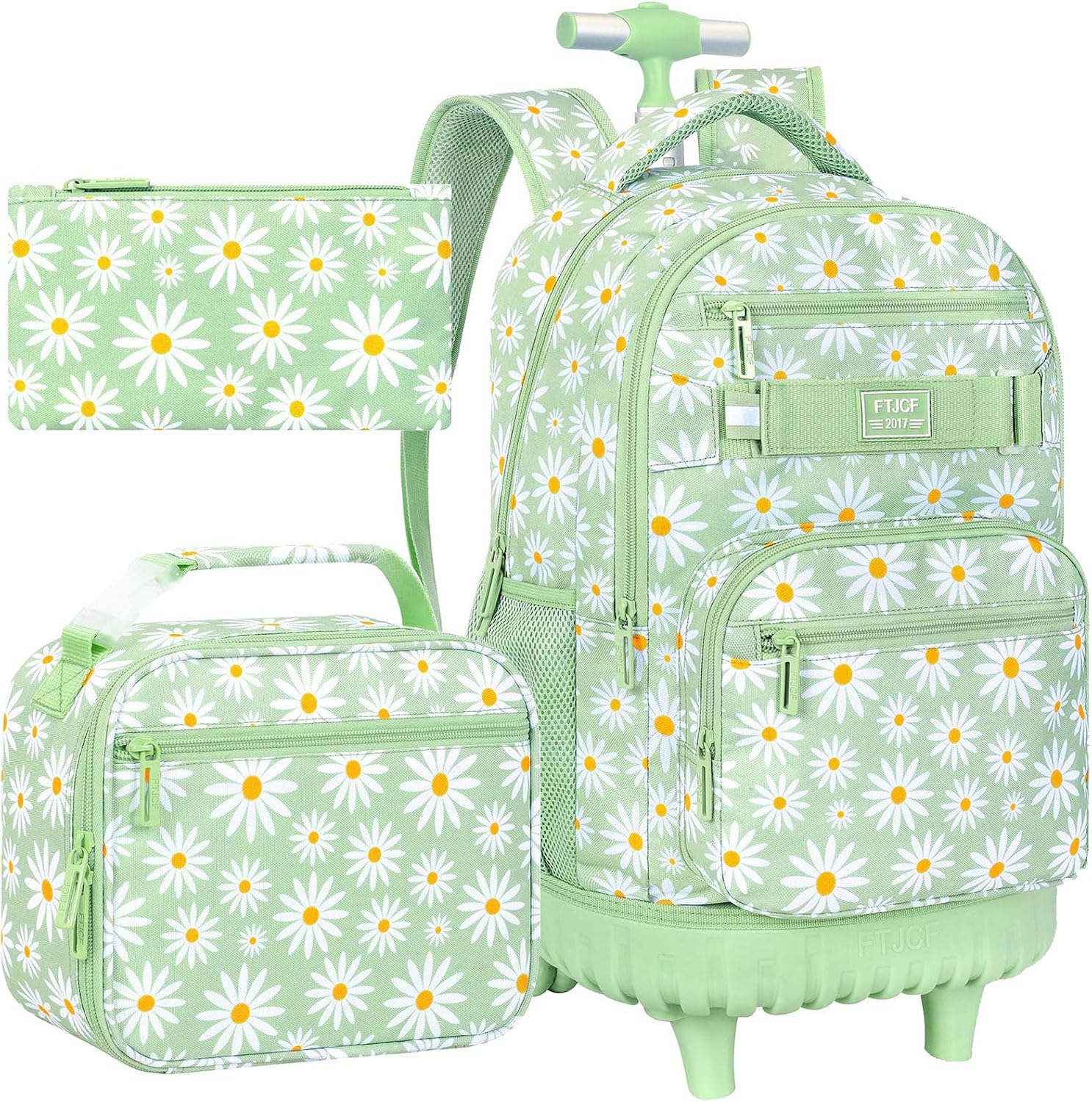AGSDON Elegant Chrysanthemum Rolling Backpack Set – 20” Girls Roller Bookbag with Matching Lunch Box for Travel, Commute & School | Water-Resistant Fashion Wheeled Organizer in Flower Cyan