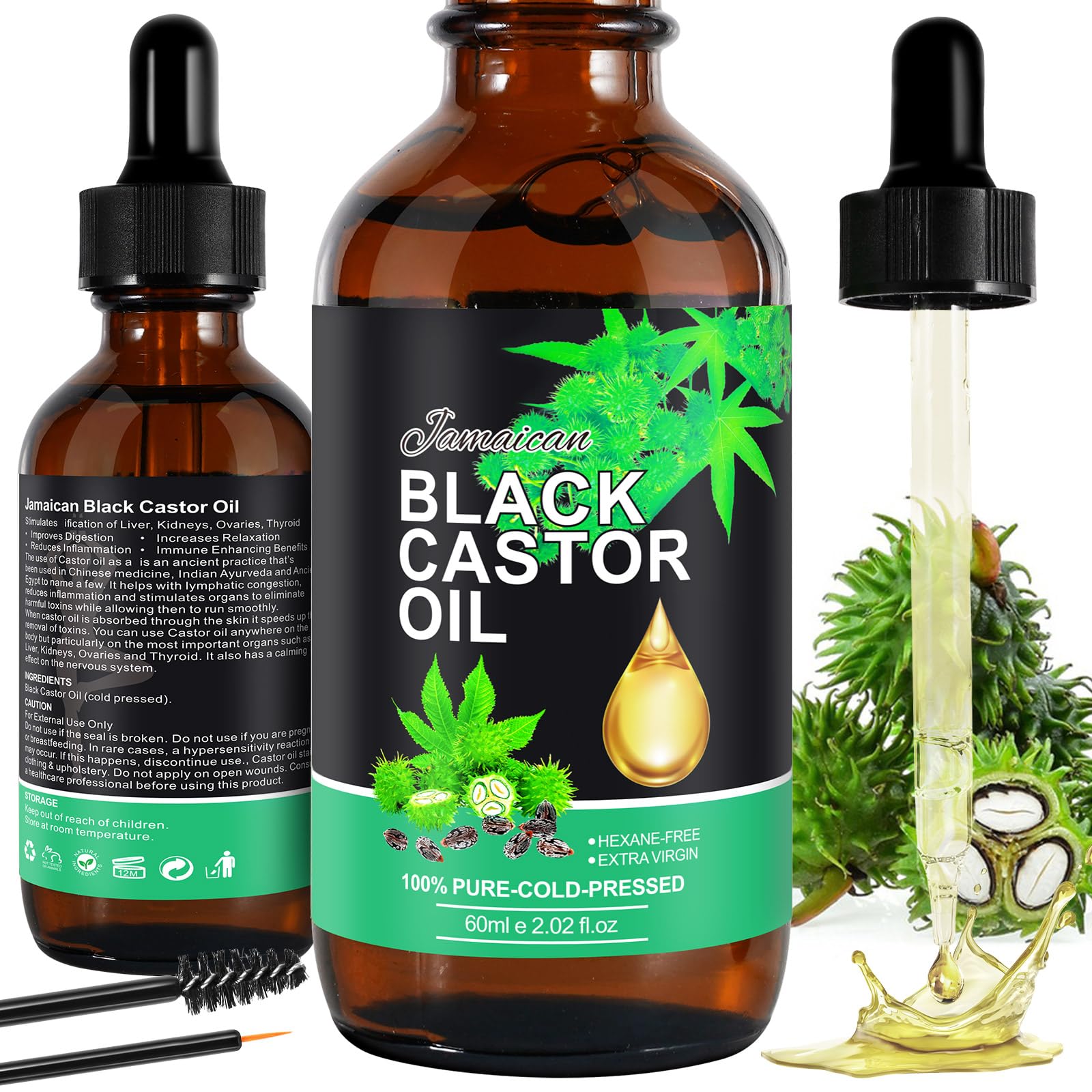 Jamaican Black Castor Oil in Glass Bottles, 100% Pure and Natural Organic Cold Pressed Unrefined, Hair Growth, Eyebrow Care, Skin Care, Nourishes and Hydrates Hair, Body Massage Oil (Pack of 1)