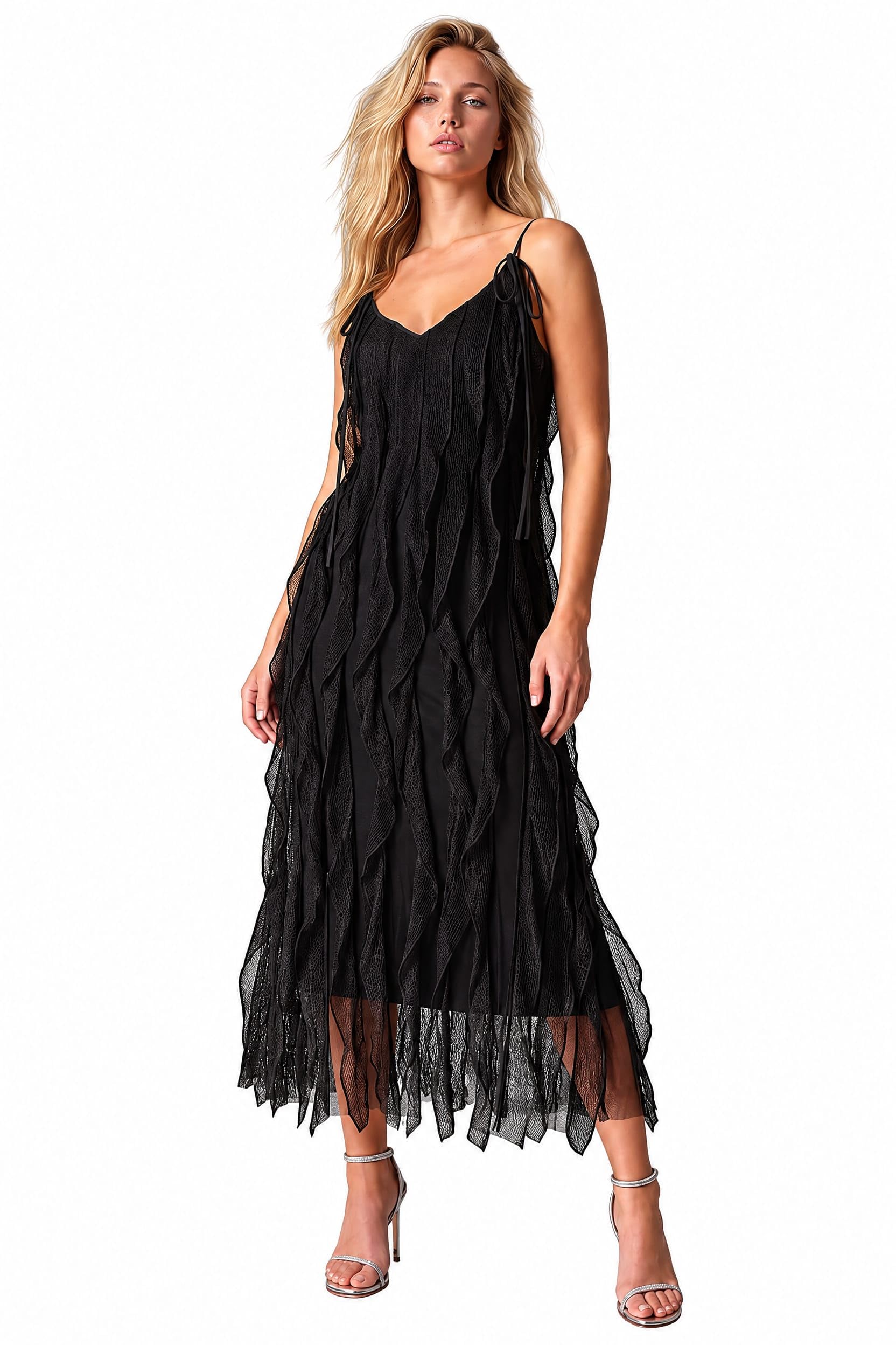 Dusk Fashion Frill Stretch Maxi Dress for Women UK - Ladies Everyday Autumn Winter V-Neckline Comfy Soft Evening Vacation Work Party Night Out