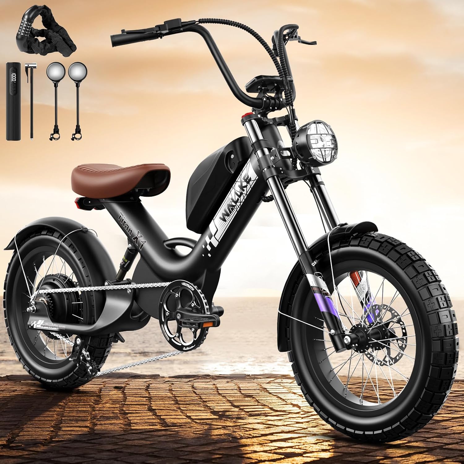 Wallke Titan X1 HIGH-END Retro Carbon Fiber Frame Electric Bike Fat Tire, 3800W 40MPH Fast E Bike 48V 30Ah, Lightweight Ebikes for Adults, 20x 5.0 Puncture-Proof Tire Harley Electric Bicycles for Men