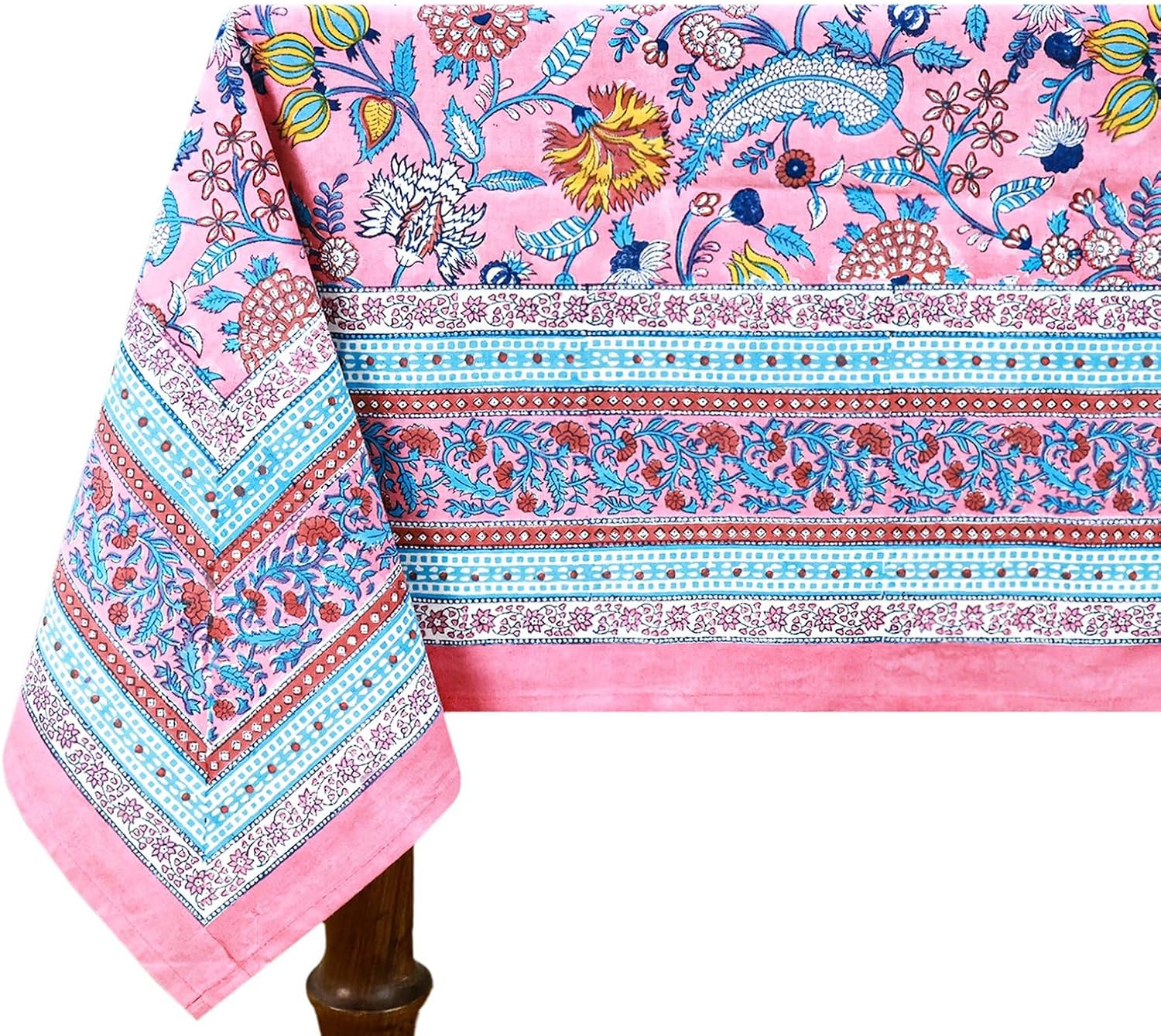 Block-Printed Pink Blue Tablecloth