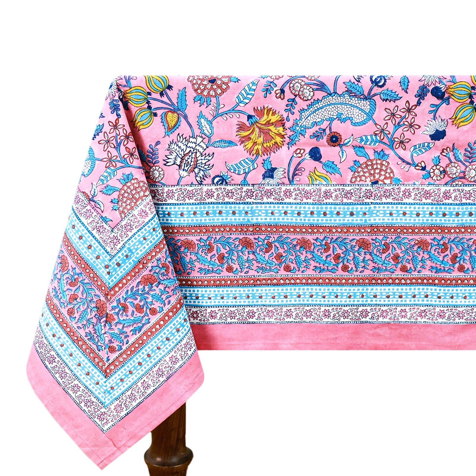 110x110 Inches Square Hand Block Printed Cotton Tablecloth, Pink Blue Floral Table Cloths Washable, Indian Table Linen For Valentine Thanksgiving Gifts Home Decor Dinning Outdoor — image 1