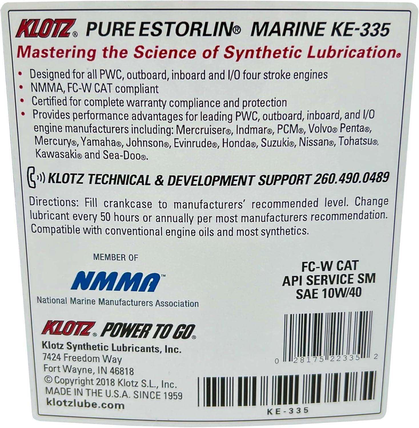 Klotz Pure Estorlin Marine Oil 10W-40 Synthetic Lubricant, 4-Stroke Outboard, Inboard Motor Oil Lube | Extreme Anti-Wear & Rust Protection, High Performance – 1 Gallon KE-335