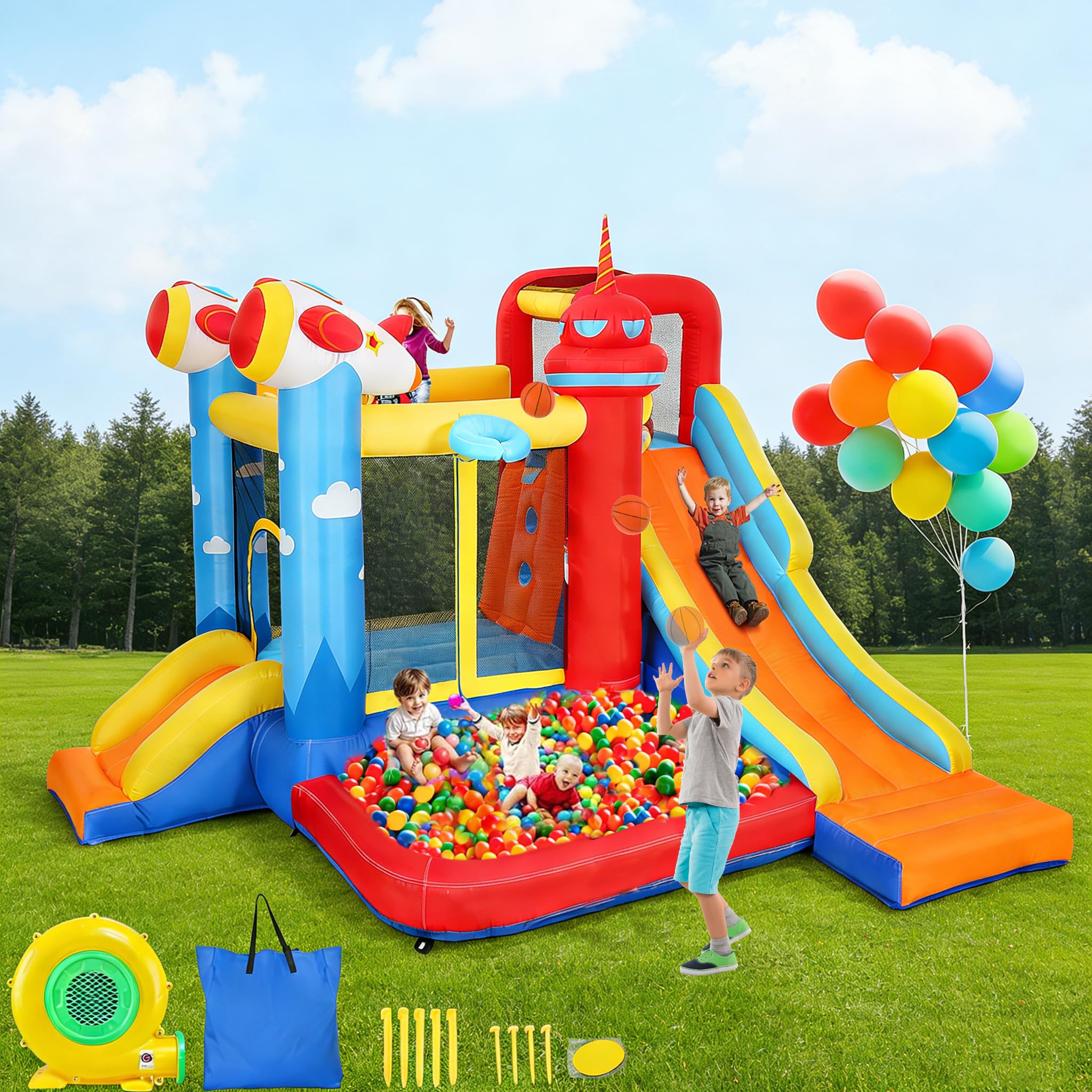 Commowner Inflatable Bounce House Water Slide, 7-in-1 Bouncy Castle Combo Water Pool & Bouncing Area & Slides & Basketball Game & Dart Game, Jump