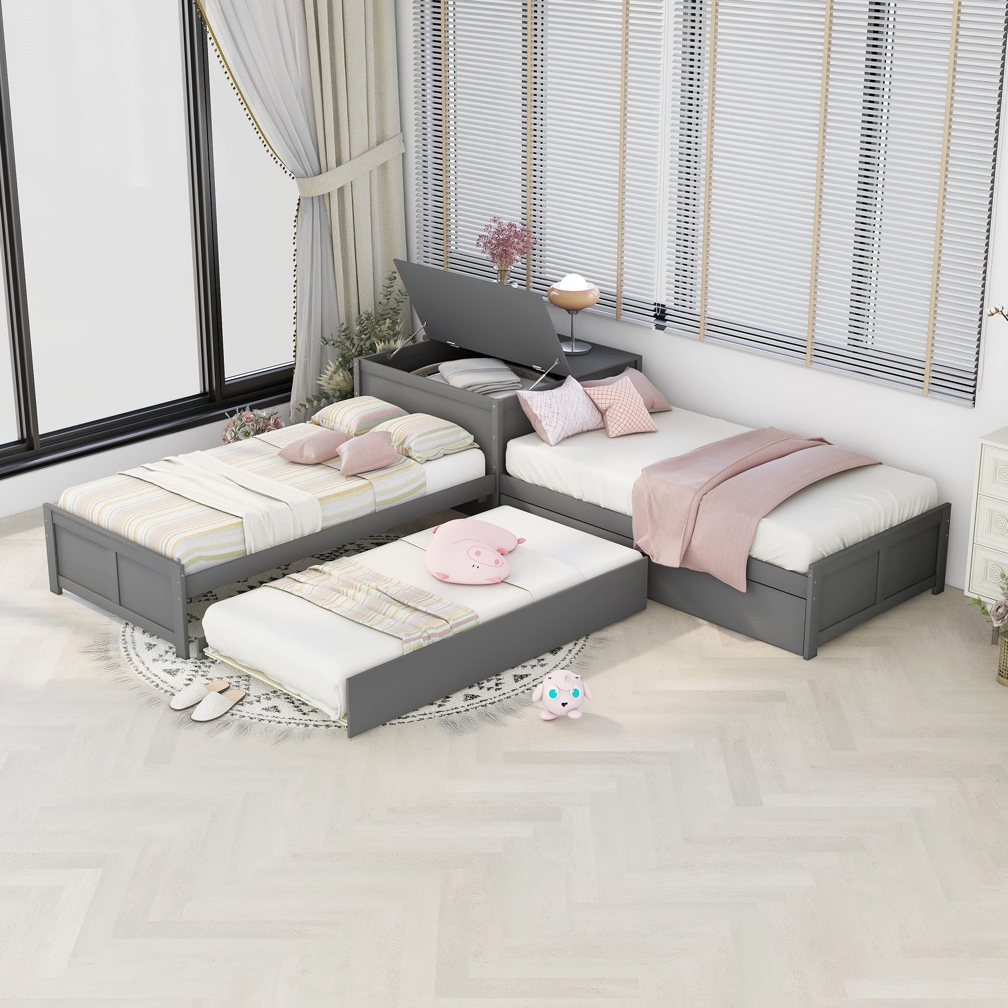 Twin L Shaped Bed with Storage Table & Drawers, Twin Corner Bed, Solid Wood Twin Platform Bed with Trundle, for Kids Teens Adults - Gray