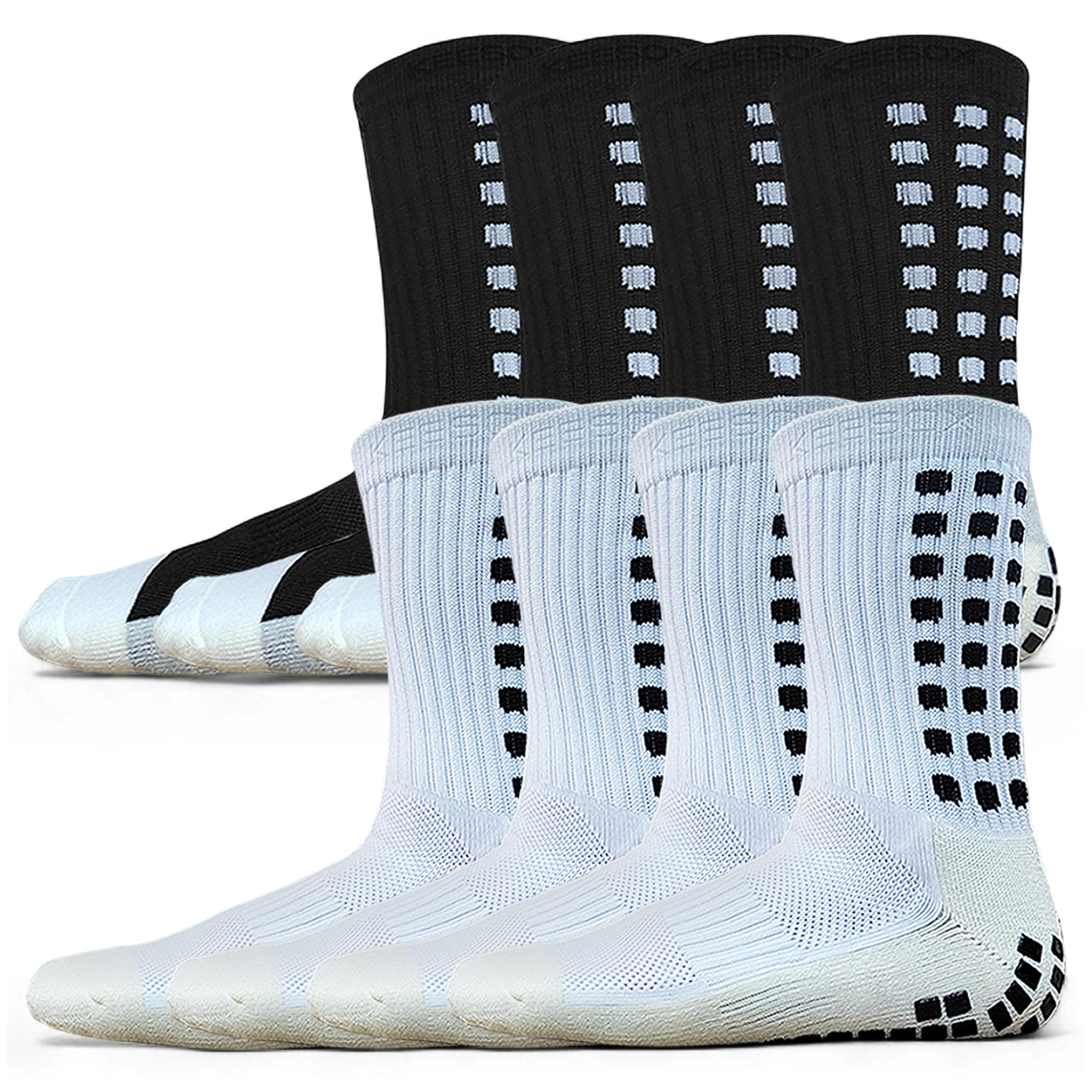 KEESOX 4 Pairs Anti Slip Soccer Socks/Non Slipping Basketball Socks/Sport Athletic Grip Socks, 2 Black+2 White, 6-10.5