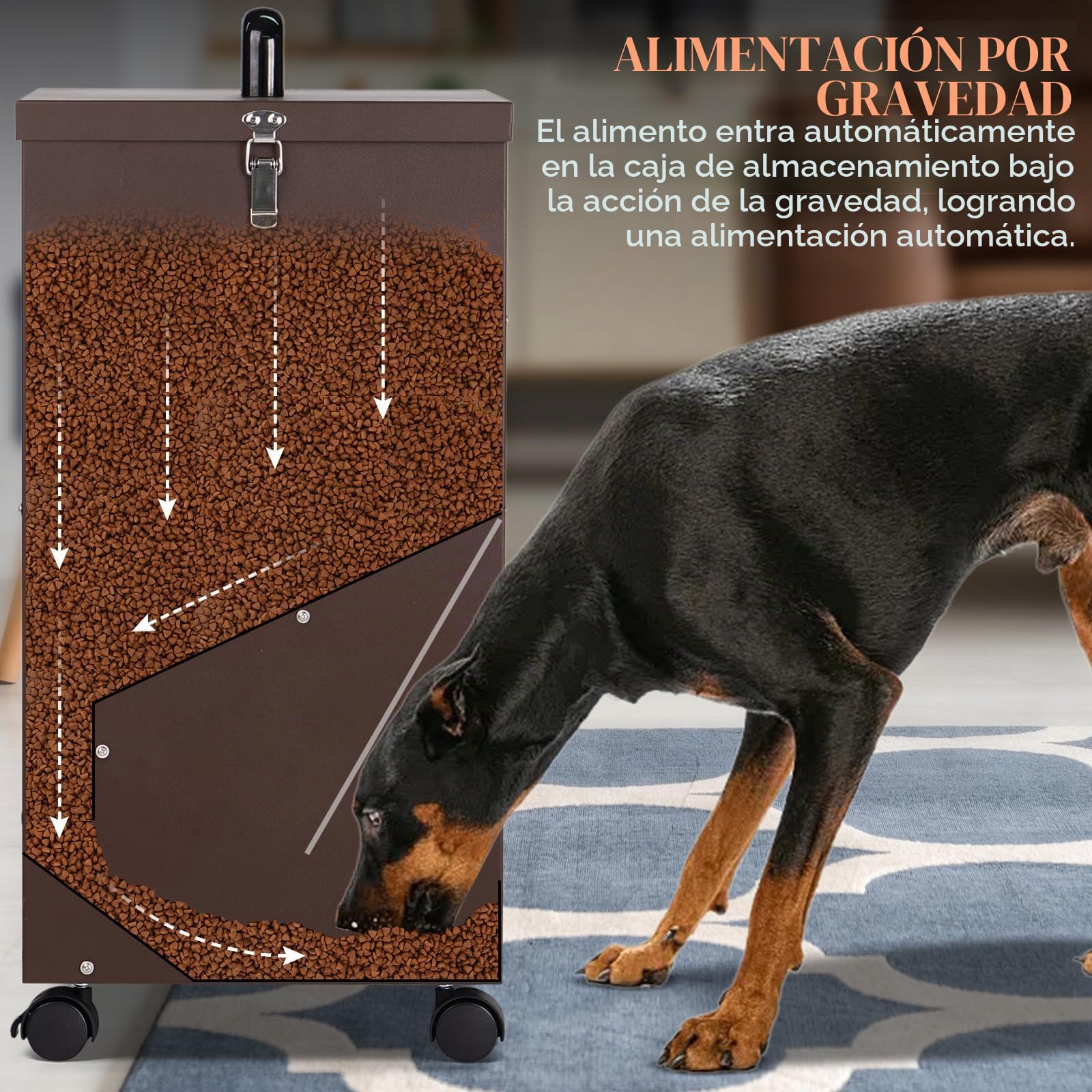 Comedero AutomáTico para Perros, Raza Grande 45 Libras Comedero de Metal por Gravedad Comedero AutomáTico Extra Grande para Perros, FáCil de Mover con Ruedas