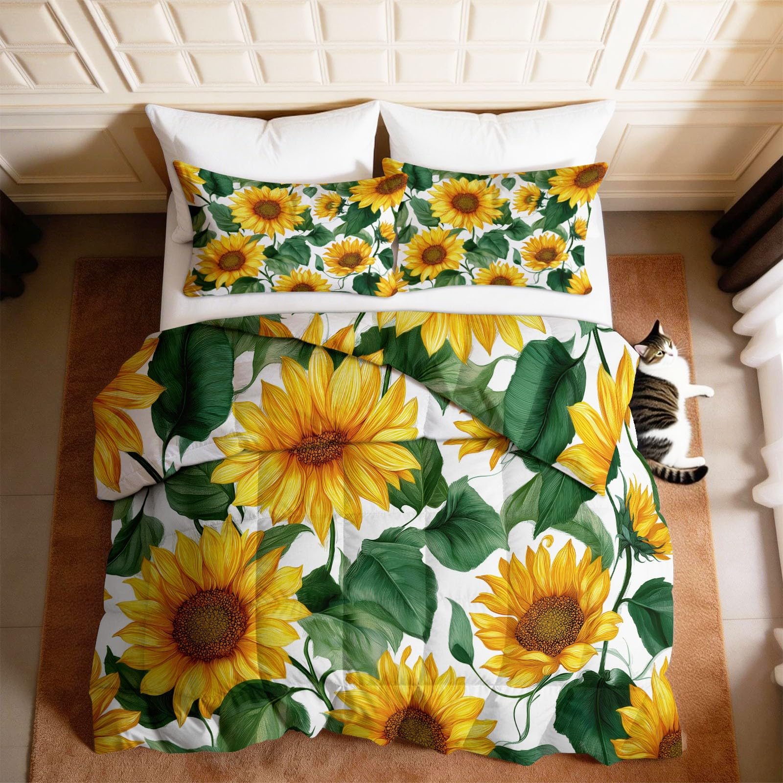 Générique Piumino morbido e caldo, bianco, 220 x 240 cm, botanico floreale girasole trapunte 4 stagioni, 2 persone, Edredon con 2 federe, reversibile, piumino senza federa