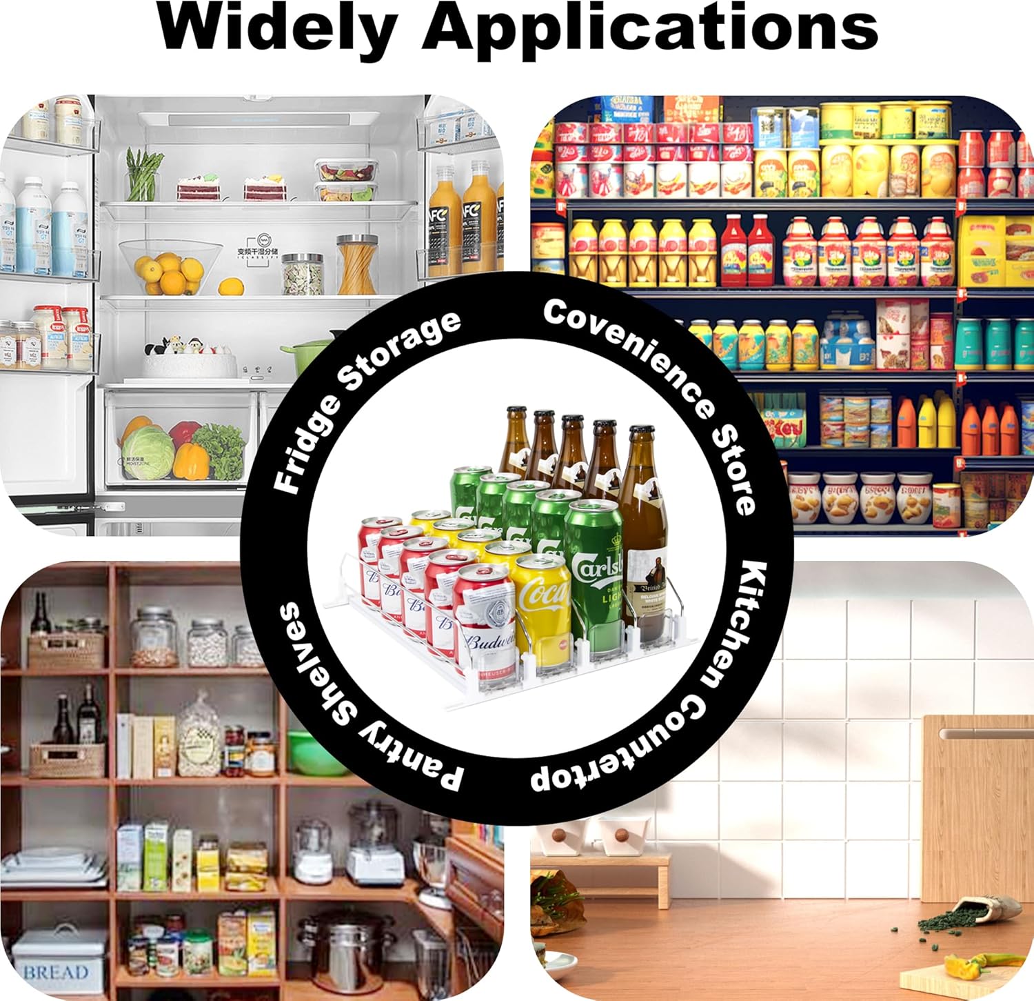 LumoShine Drink Organizer for Fridge, Self-Pushing Soda Can Dispenser for Refrigerator, Width Adjustable Pusher Glide for 12oz to 20oz holds (White, 14.96" D x 13.38" W— 4 Rows)