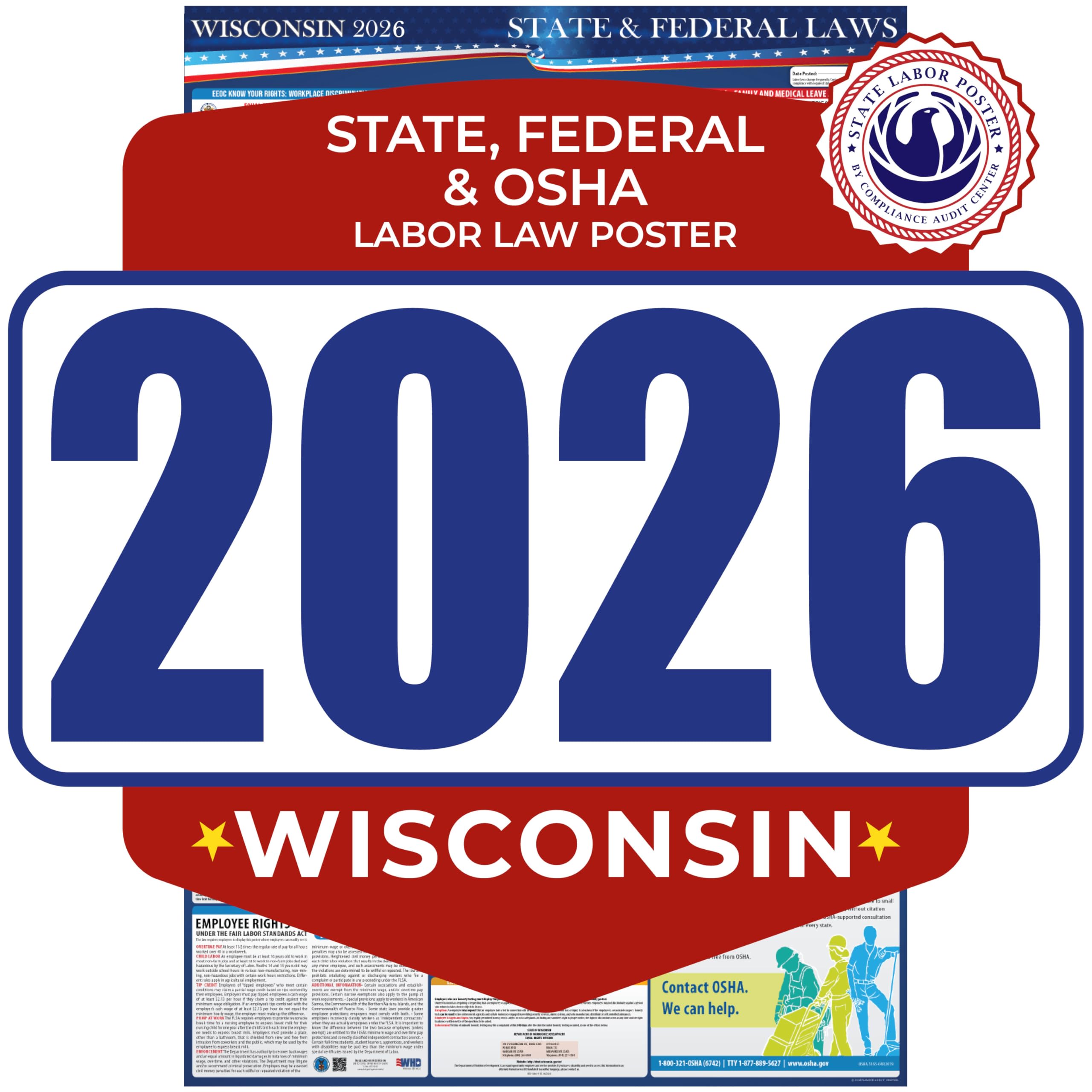 2026 Wisconsin State and Federal Labor Law Poster - OSHA Workplace Compliant - Mandatory Regulations Posting for Employees - All in One Required