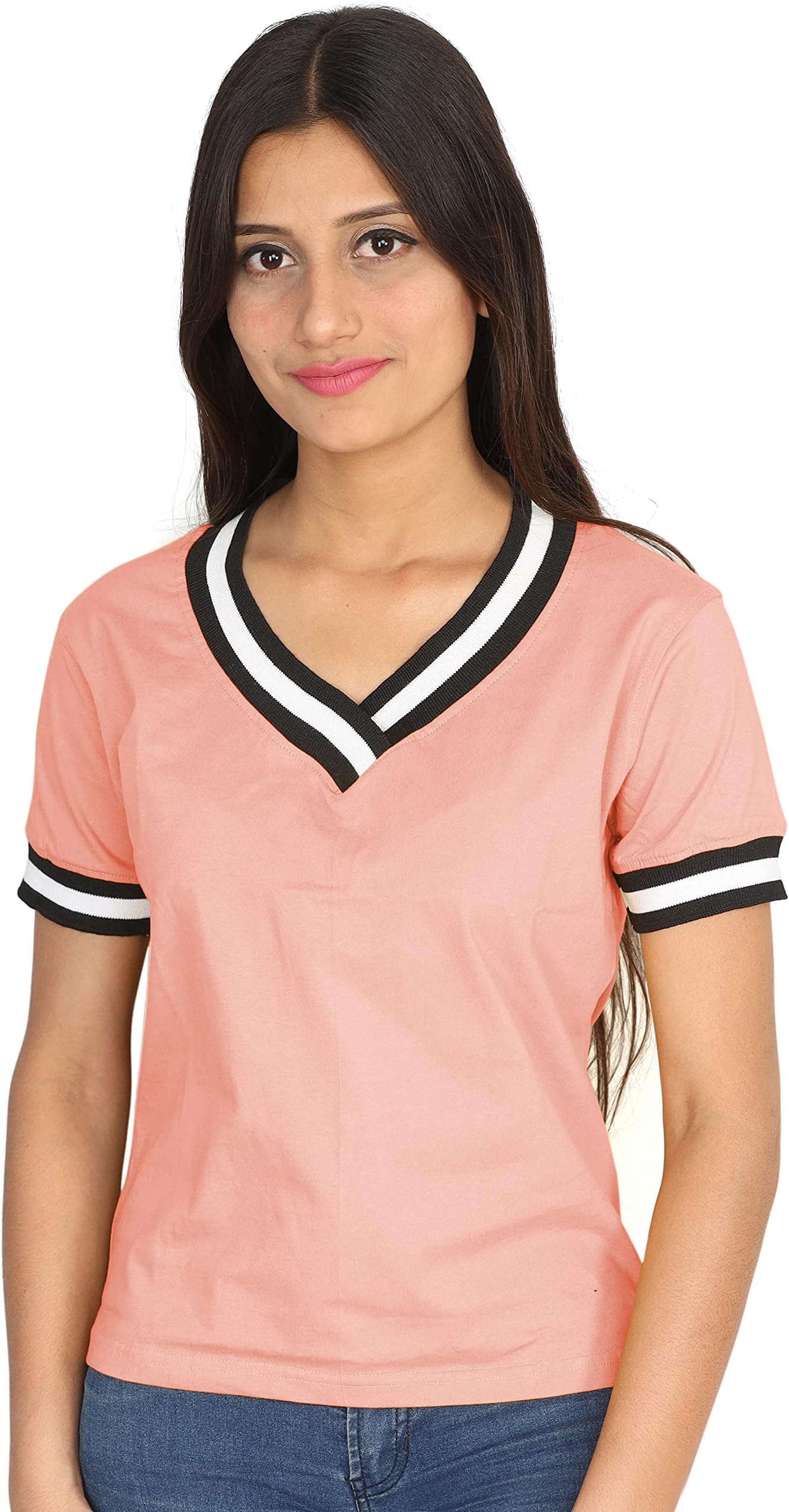 FabricornSolid Short Sleeve Stylish V Neck Cotton Tshirt for Women