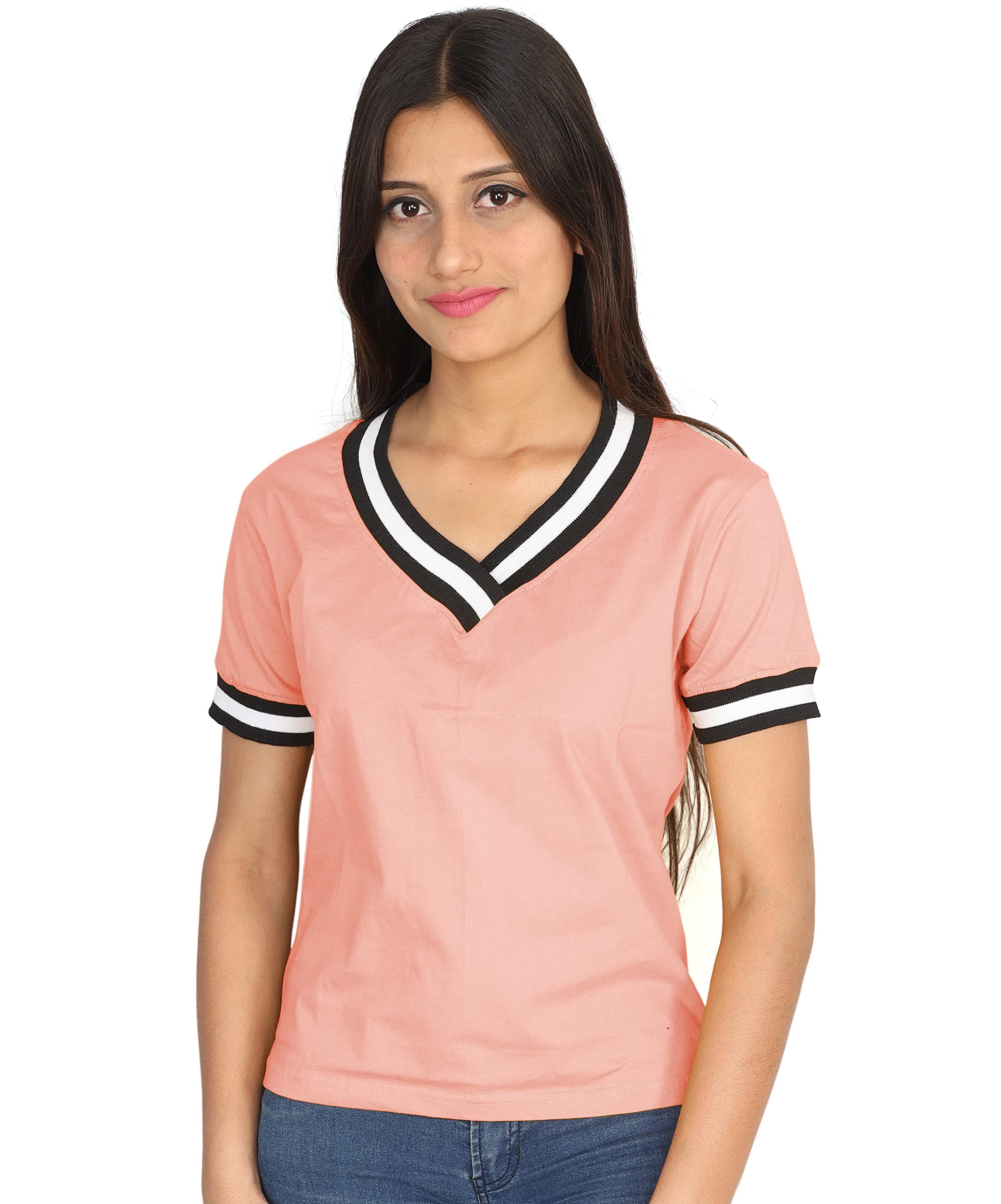 FabricornSolid Short Sleeve Stylish V Neck Cotton Tshirt for Women