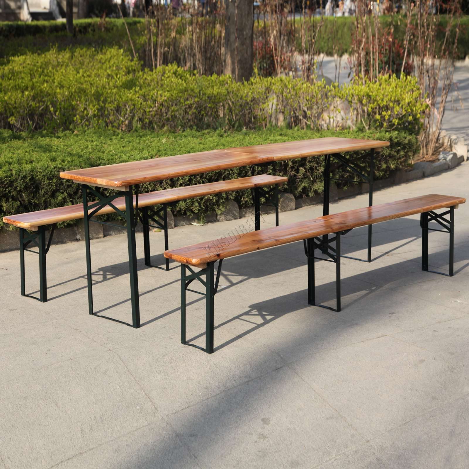 BIRCHTREE 3 Pieces Outdoor Patio Wooden Top Vintage Folding Beer Picnic Dining Table Bench Set Party Pub Garden Furniture Steel 3 Legs 220cm Natural — image 1