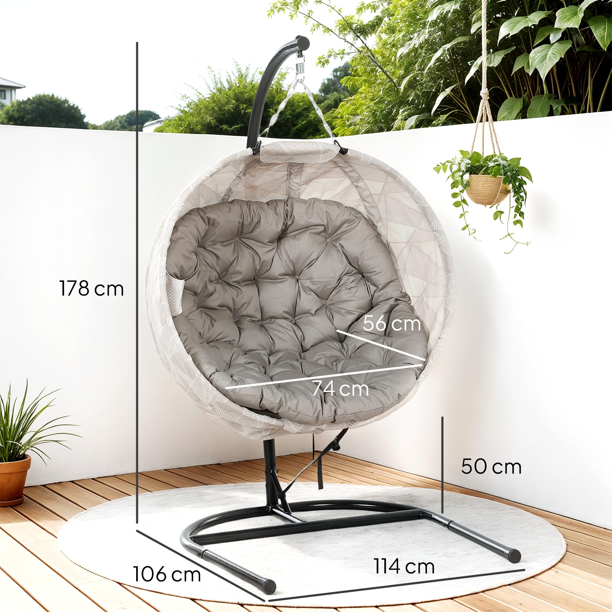 Outsunny Silla Colgante Huevo con Soporte Portavasos 120 kg Arena y Negro
