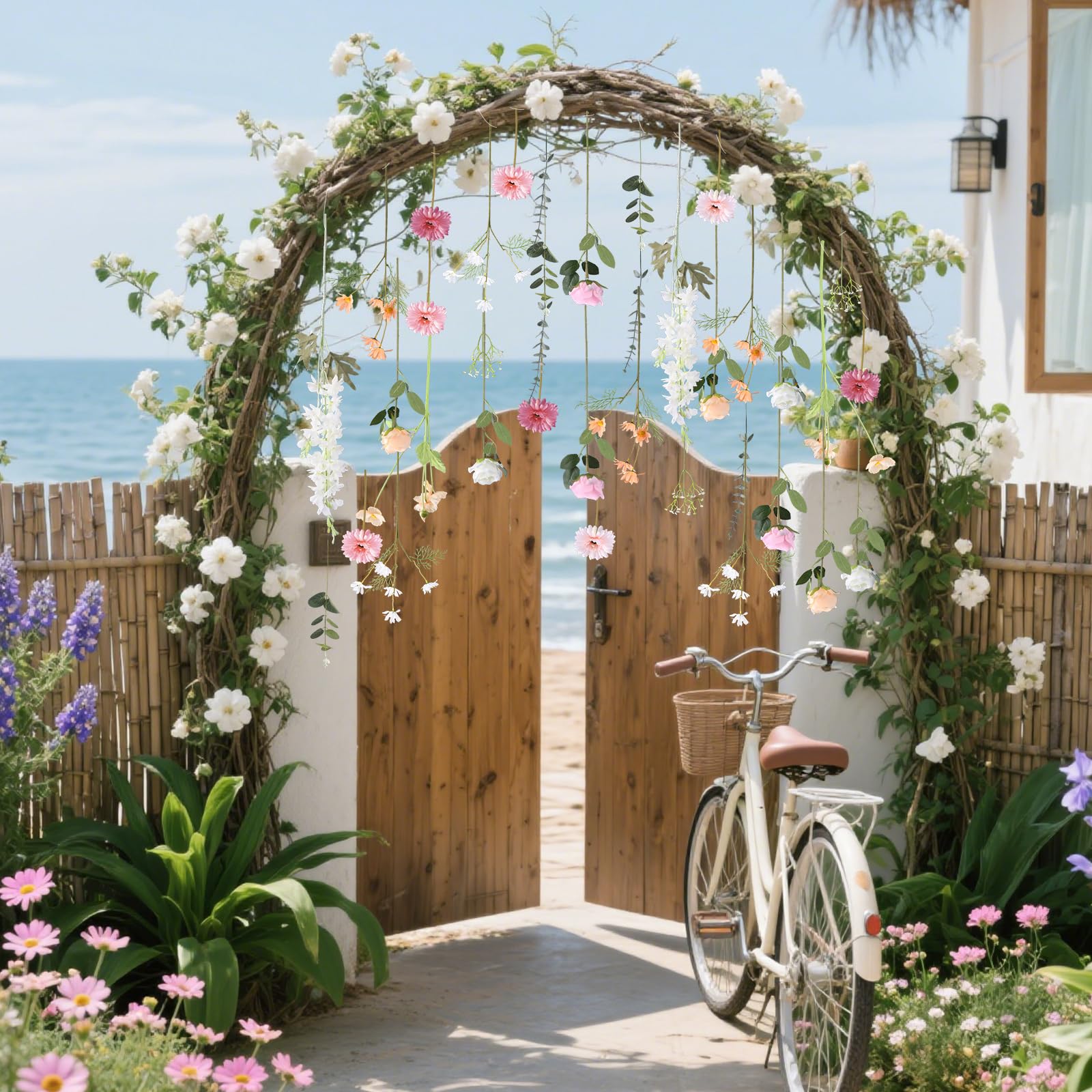 38 Stück DIY Künstliche Wildblumengirlande Hängende Blumen Set Chrysantheme Rose Eukalyptus Gänseblümchen Rittersporn Blume Girlanden Hängende Frühling Wildblume Girlanden für Baby Atem Hochzeit
