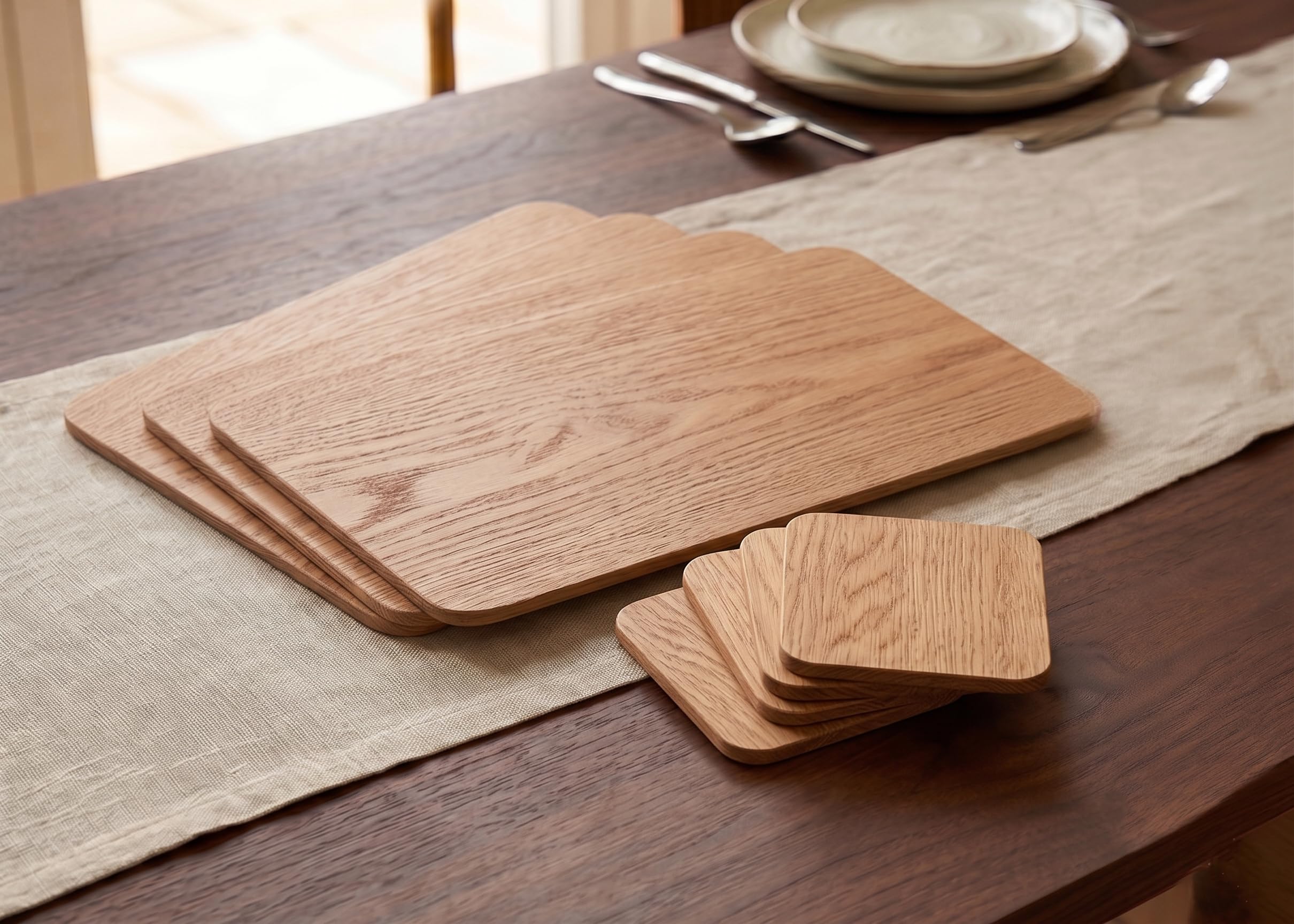 8x Natural Oak Placemats & Coasters Wood Veneer Round Edges - Natural Oak
